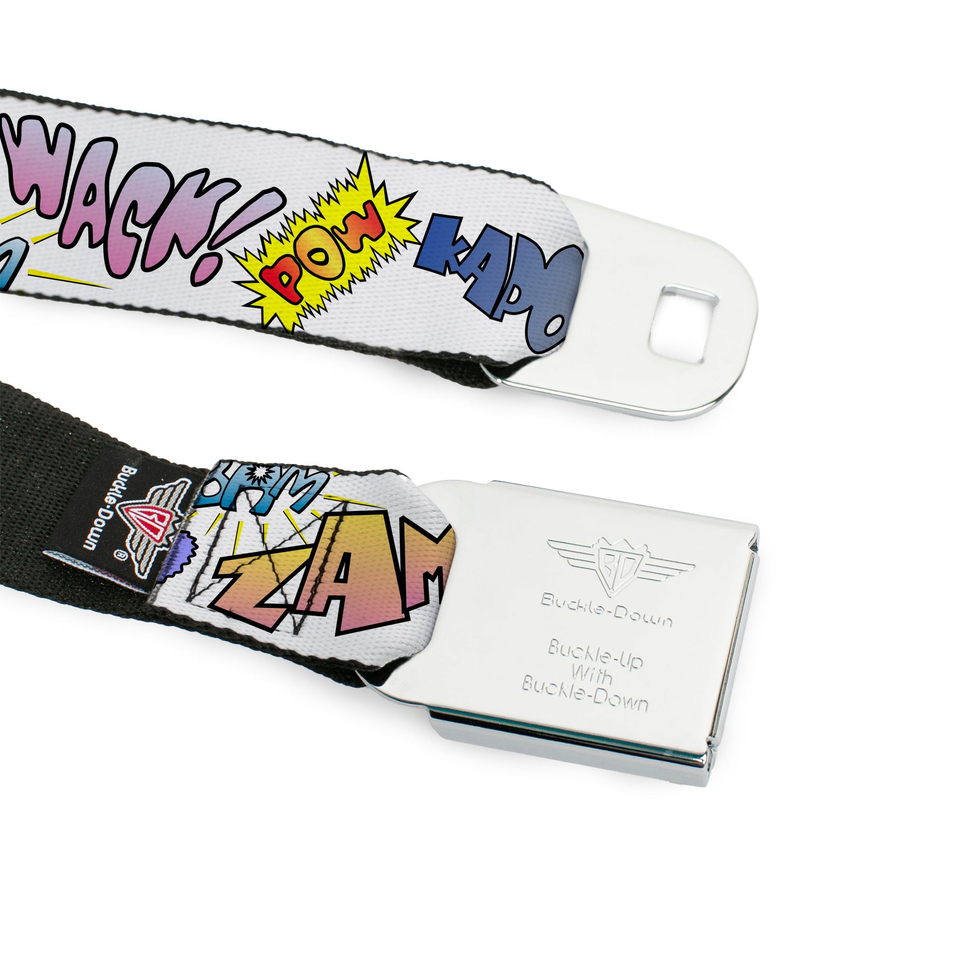 BD Wings Logo CLOSE-UP Full Color Black Silver Seatbelt Belt - Sound Effects White/Pastel Webbing Seatbelt Belts Buckle-Down