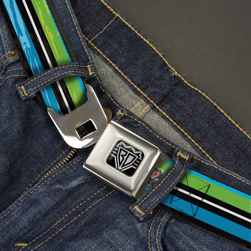 BD Wings Logo CLOSE-UP Full Color Black Silver Seatbelt Belt - Scribble Stripes Blue/Green/White Webbing Seatbelt Belts Buckle-Down