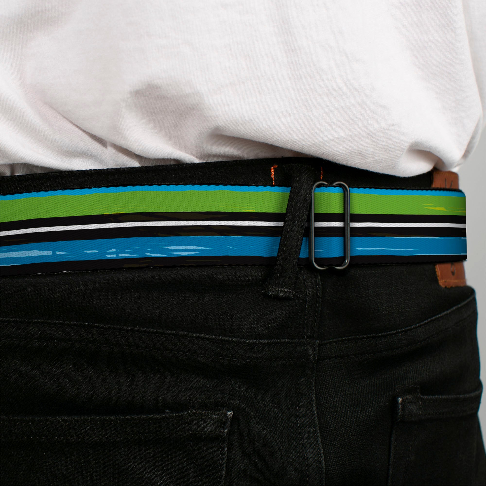 BD Wings Logo CLOSE-UP Full Color Black Silver Seatbelt Belt - Scribble Stripes Blue/Green/White Webbing Seatbelt Belts Buckle-Down