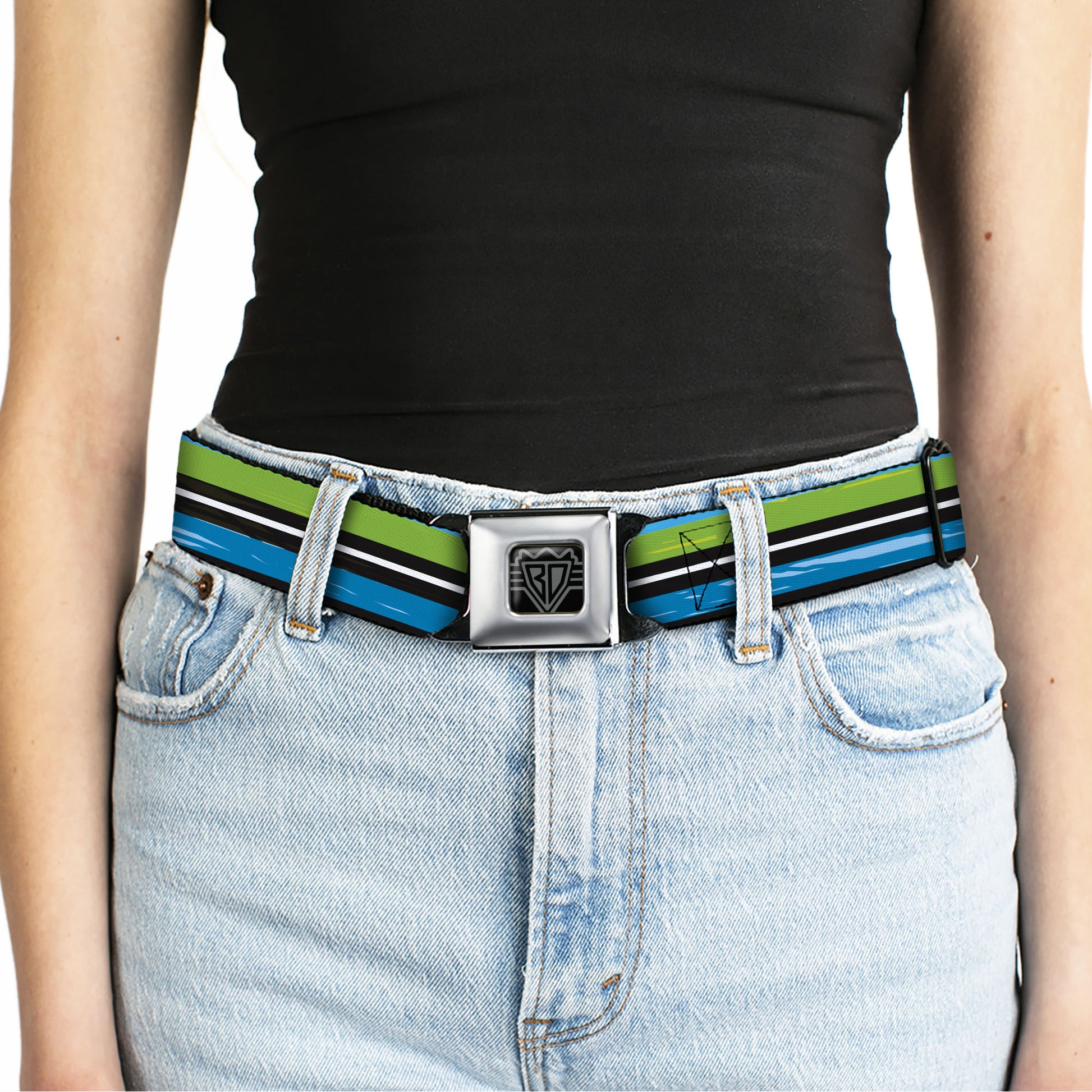 BD Wings Logo CLOSE-UP Full Color Black Silver Seatbelt Belt - Scribble Stripes Blue/Green/White Webbing Seatbelt Belts Buckle-Down
