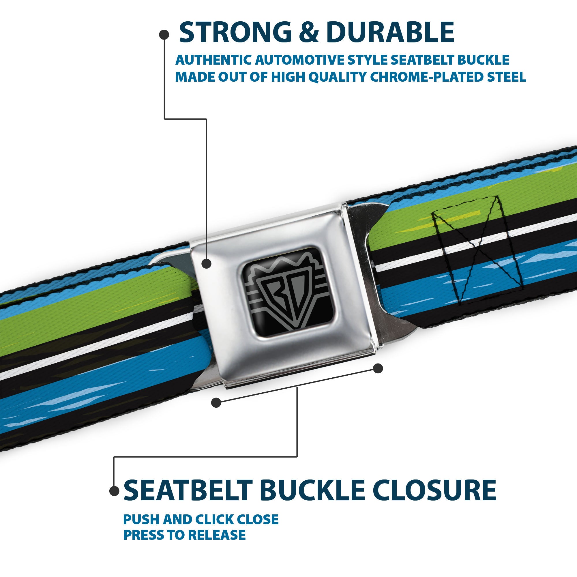BD Wings Logo CLOSE-UP Full Color Black Silver Seatbelt Belt - Scribble Stripes Blue/Green/White Webbing Seatbelt Belts Buckle-Down