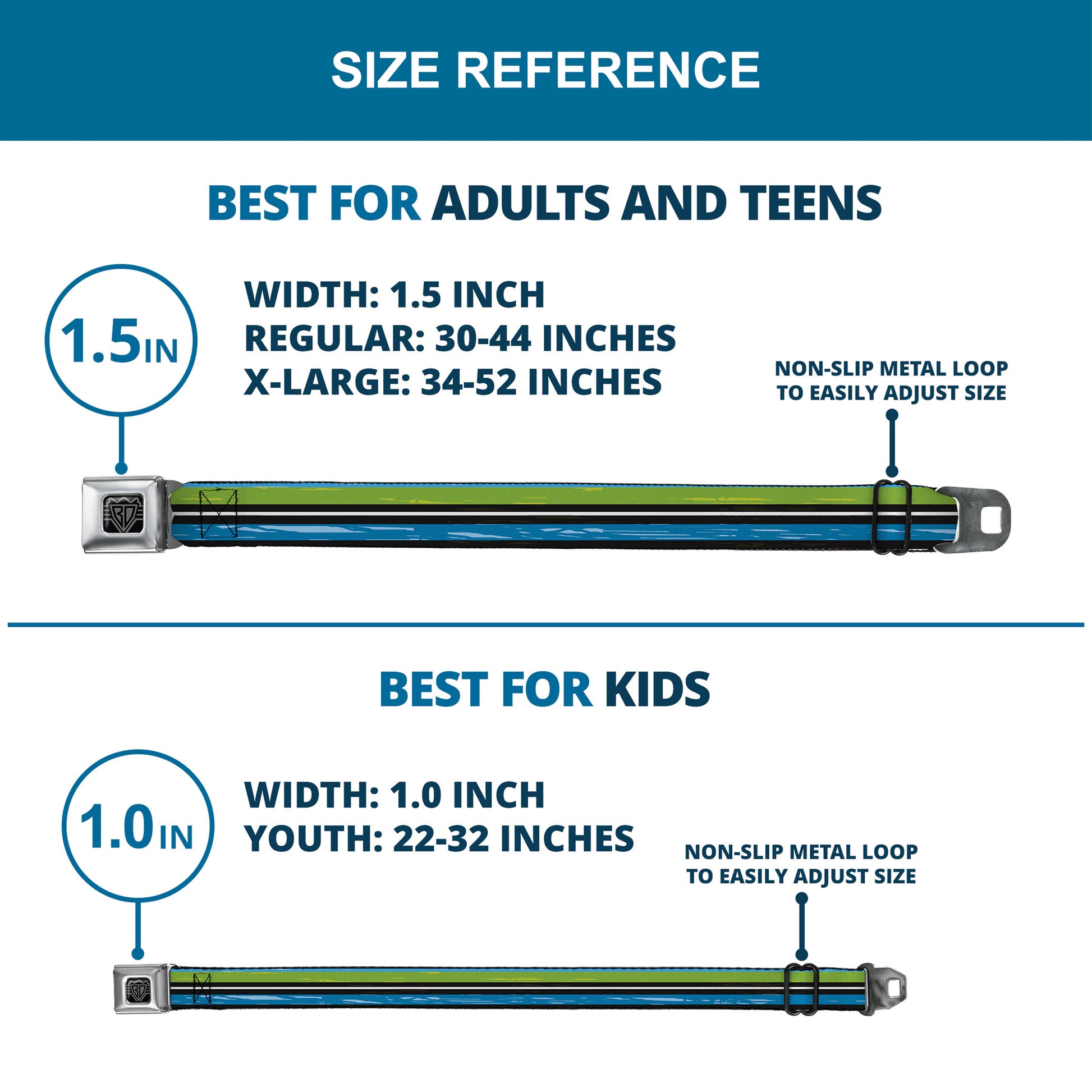 BD Wings Logo CLOSE-UP Full Color Black Silver Seatbelt Belt - Scribble Stripes Blue/Green/White Webbing Seatbelt Belts Buckle-Down