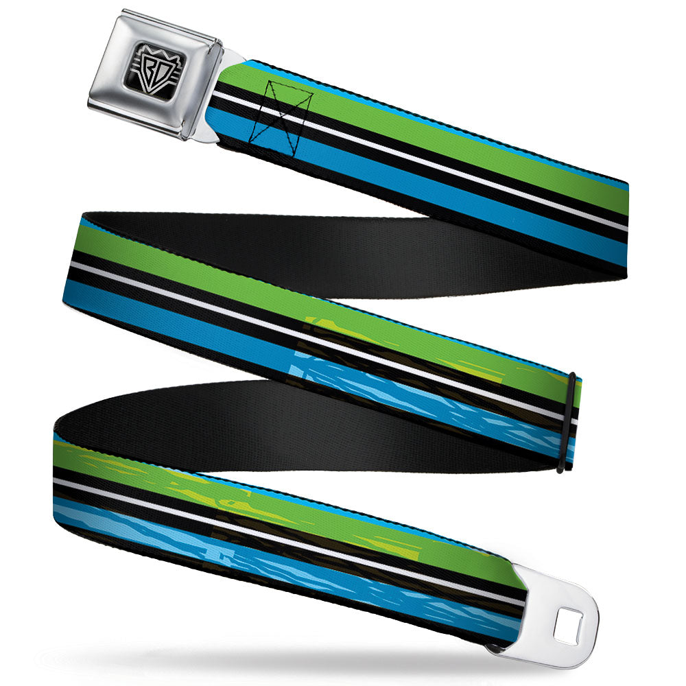 BD Wings Logo CLOSE-UP Full Color Black Silver Seatbelt Belt - Scribble Stripes Blue/Green/White Webbing Seatbelt Belts Buckle-Down