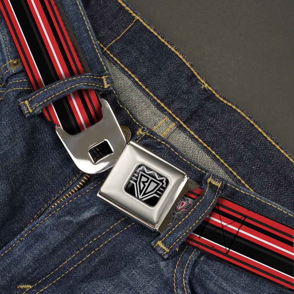 BD Wings Logo CLOSE-UP Full Color Black Silver Seatbelt Belt - Stripes Red/Black/White Webbing Seatbelt Belts Buckle-Down