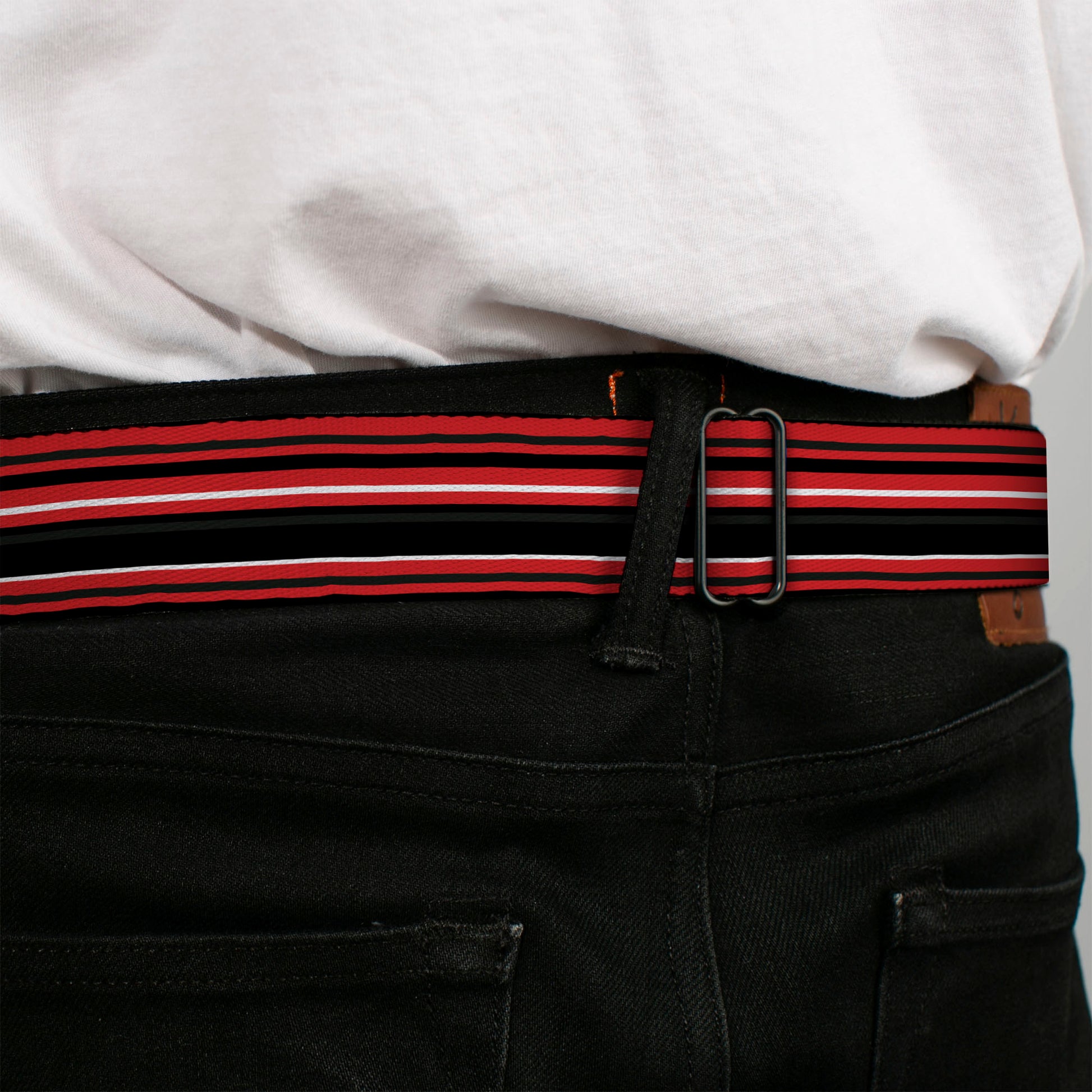 BD Wings Logo CLOSE-UP Full Color Black Silver Seatbelt Belt - Stripes Red/Black/White Webbing Seatbelt Belts Buckle-Down