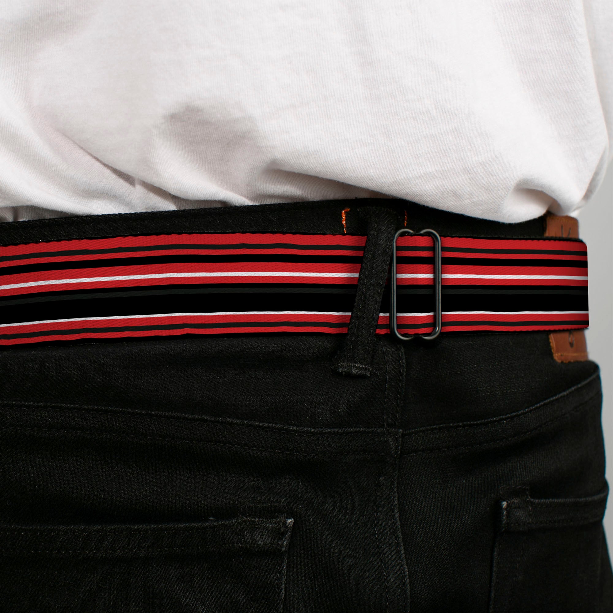 BD Wings Logo CLOSE-UP Full Color Black Silver Seatbelt Belt - Stripes Red/Black/White Webbing Seatbelt Belts Buckle-Down