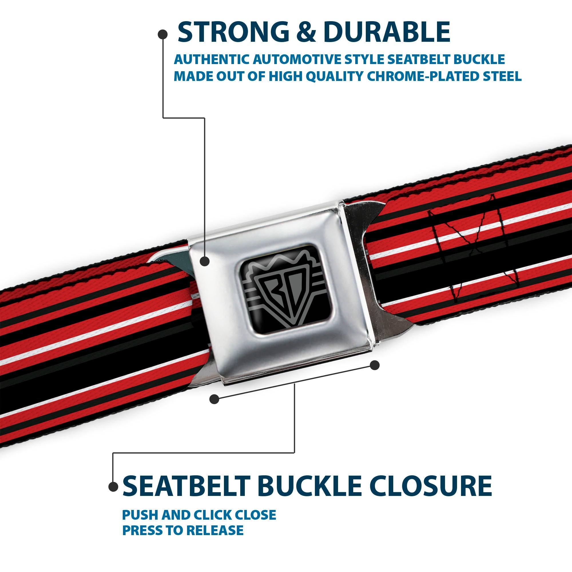 BD Wings Logo CLOSE-UP Full Color Black Silver Seatbelt Belt - Stripes Red/Black/White Webbing Seatbelt Belts Buckle-Down