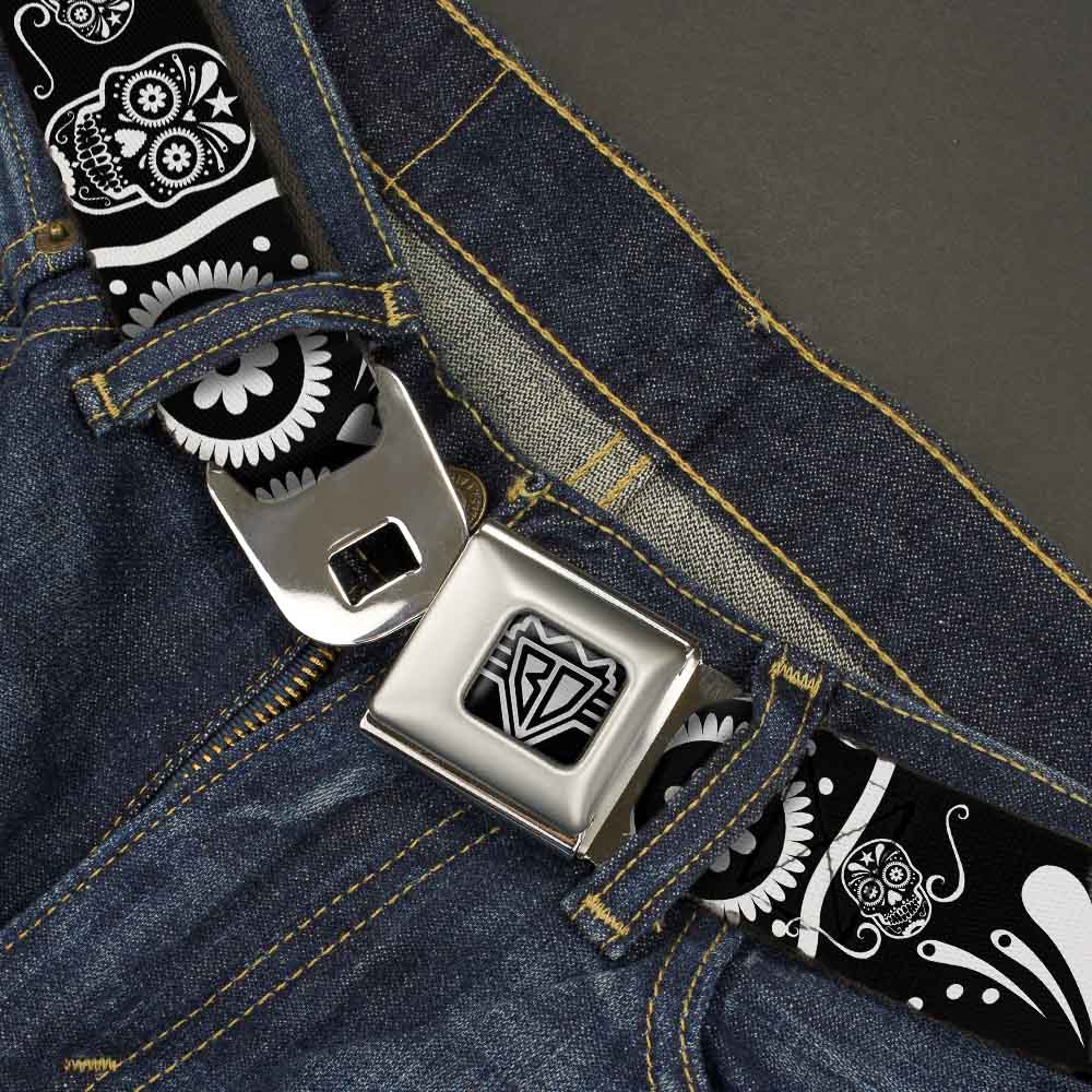 BD Wings Logo CLOSE-UP Full Color Black Silver Seatbelt Belt - Sugar Skulls Black/White Webbing Seatbelt Belts Buckle-Down