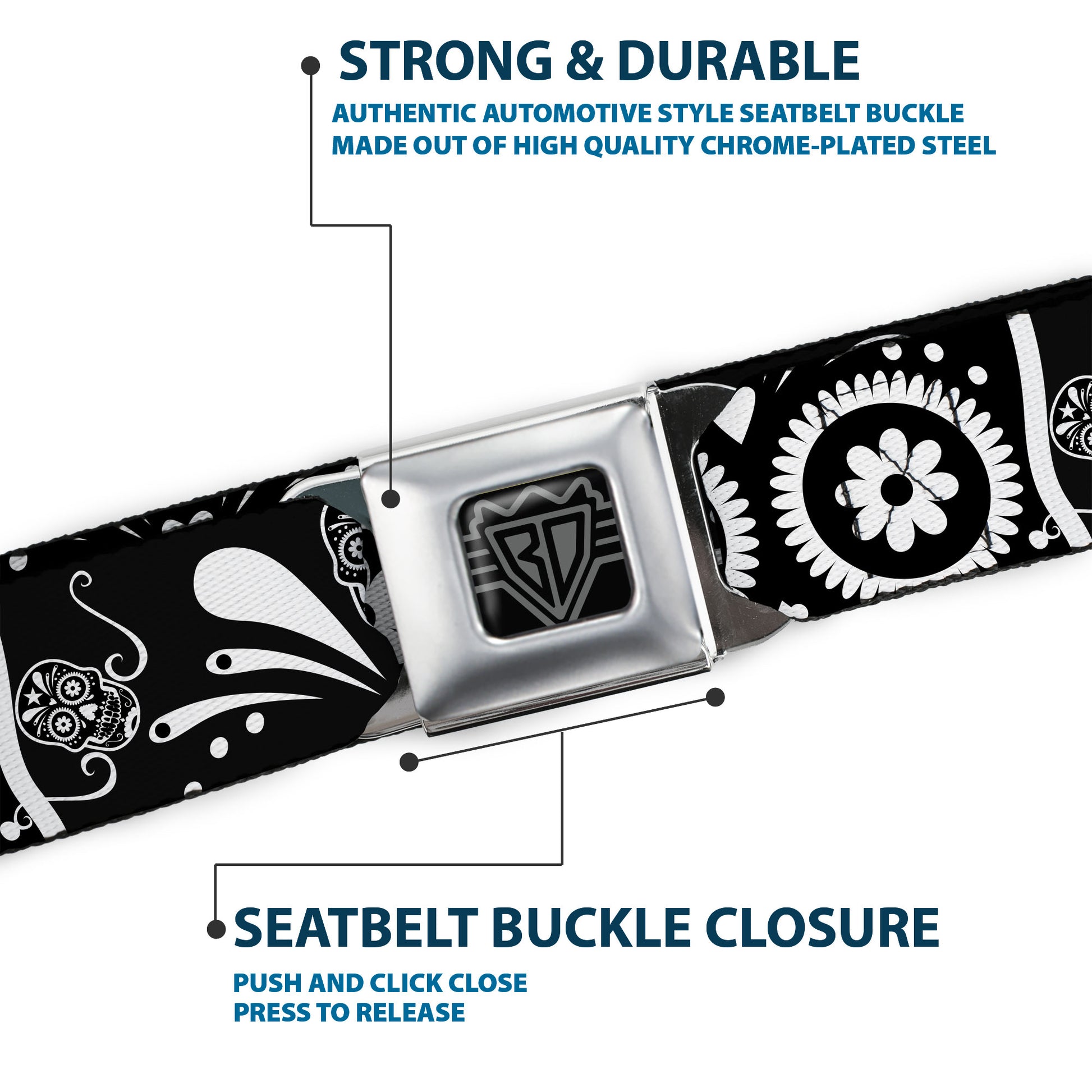 BD Wings Logo CLOSE-UP Full Color Black Silver Seatbelt Belt - Sugar Skulls Black/White Webbing Seatbelt Belts Buckle-Down