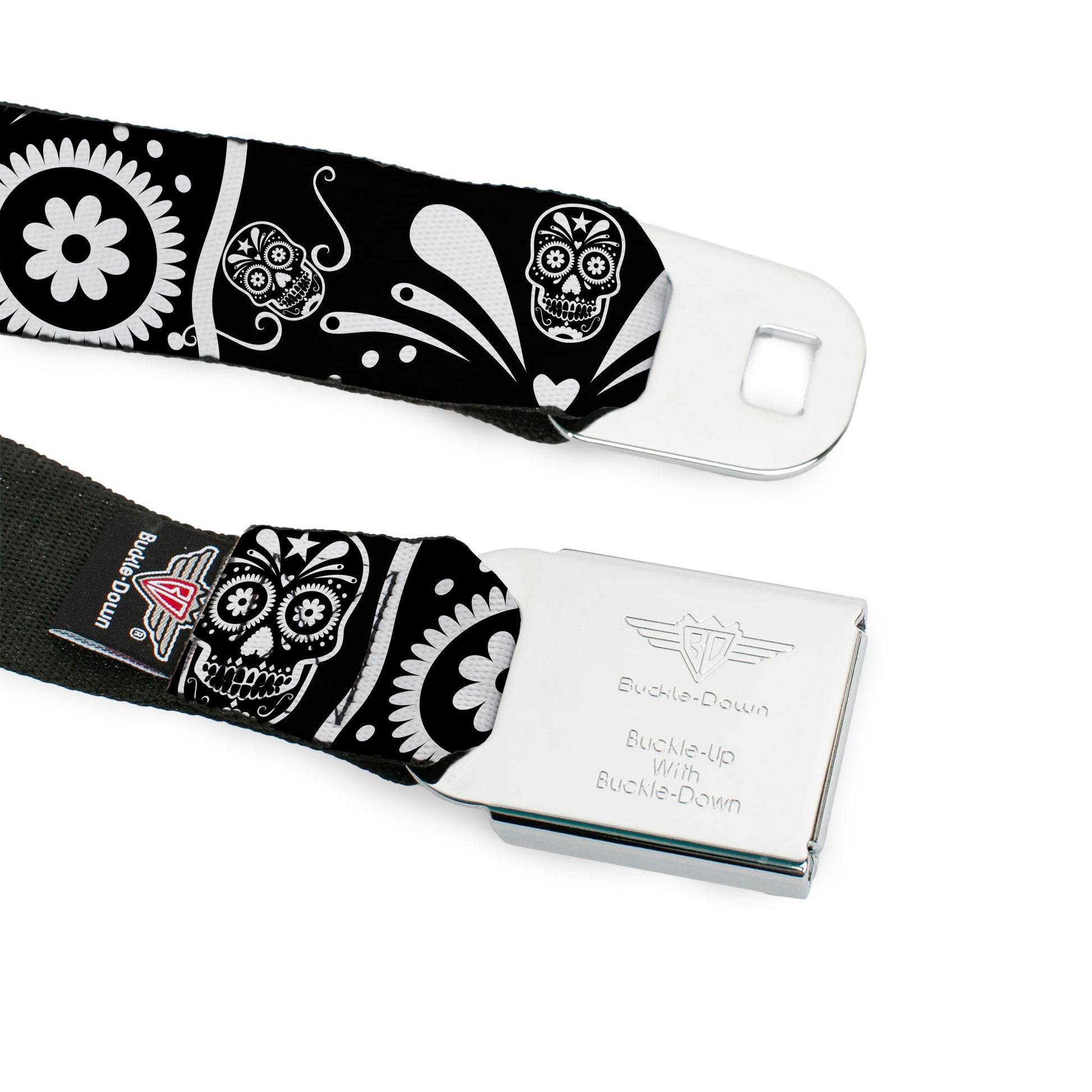 BD Wings Logo CLOSE-UP Full Color Black Silver Seatbelt Belt - Sugar Skulls Black/White Webbing Seatbelt Belts Buckle-Down