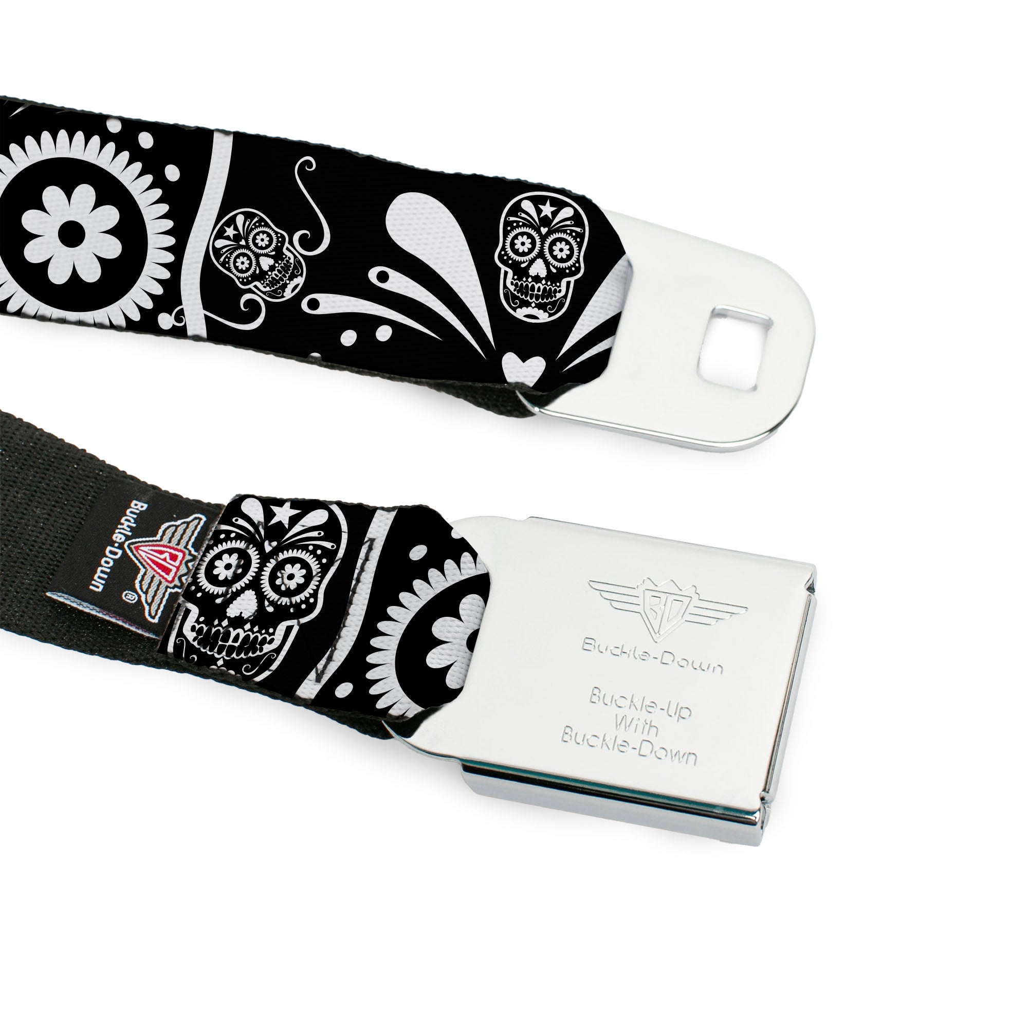 BD Wings Logo CLOSE-UP Full Color Black Silver Seatbelt Belt - Sugar Skulls Black/White Webbing Seatbelt Belts Buckle-Down