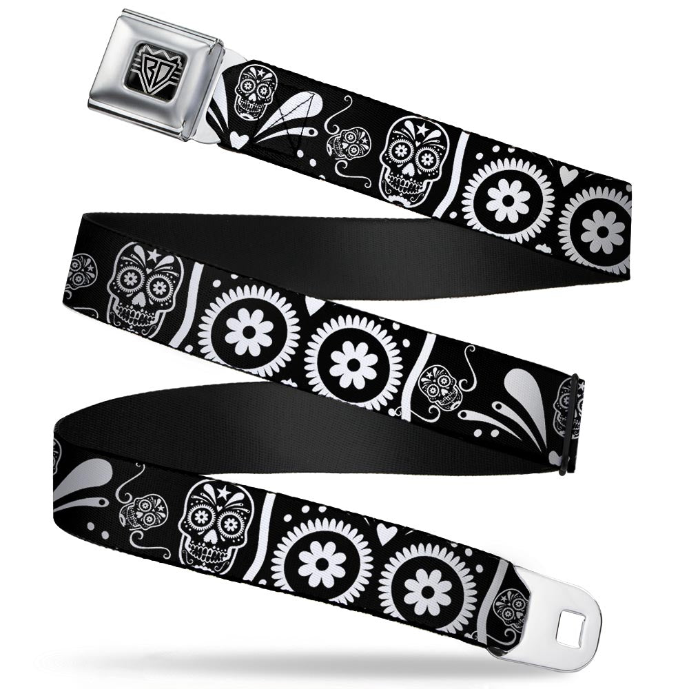 BD Wings Logo CLOSE-UP Full Color Black Silver Seatbelt Belt - Sugar Skulls Black/White Webbing Seatbelt Belts Buckle-Down