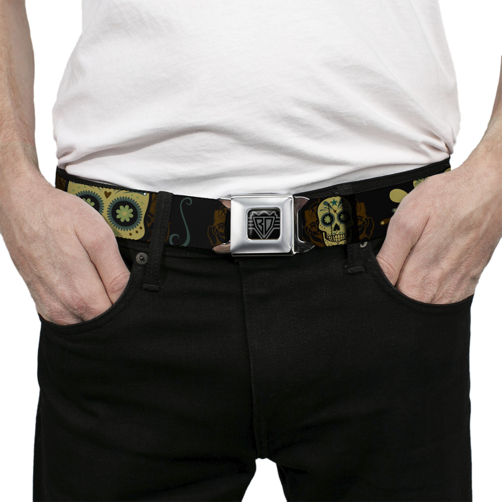 BD Wings Logo CLOSE-UP Full Color Black Silver Seatbelt Belt - Sugar Skulls Black/Olive/Burgundy Webbing Seatbelt Belts Buckle-Down