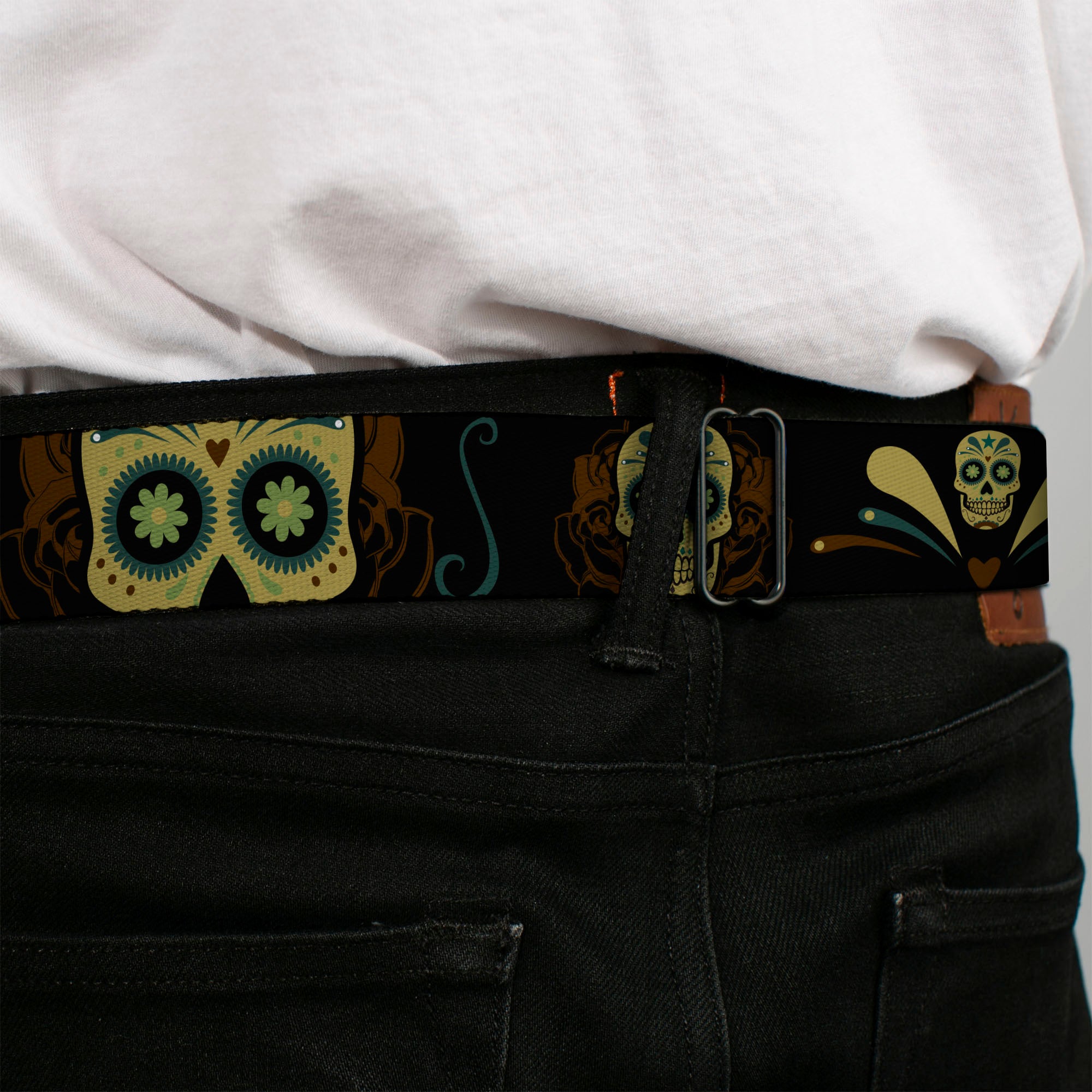 BD Wings Logo CLOSE-UP Full Color Black Silver Seatbelt Belt - Sugar Skulls Black/Olive/Burgundy Webbing Seatbelt Belts Buckle-Down