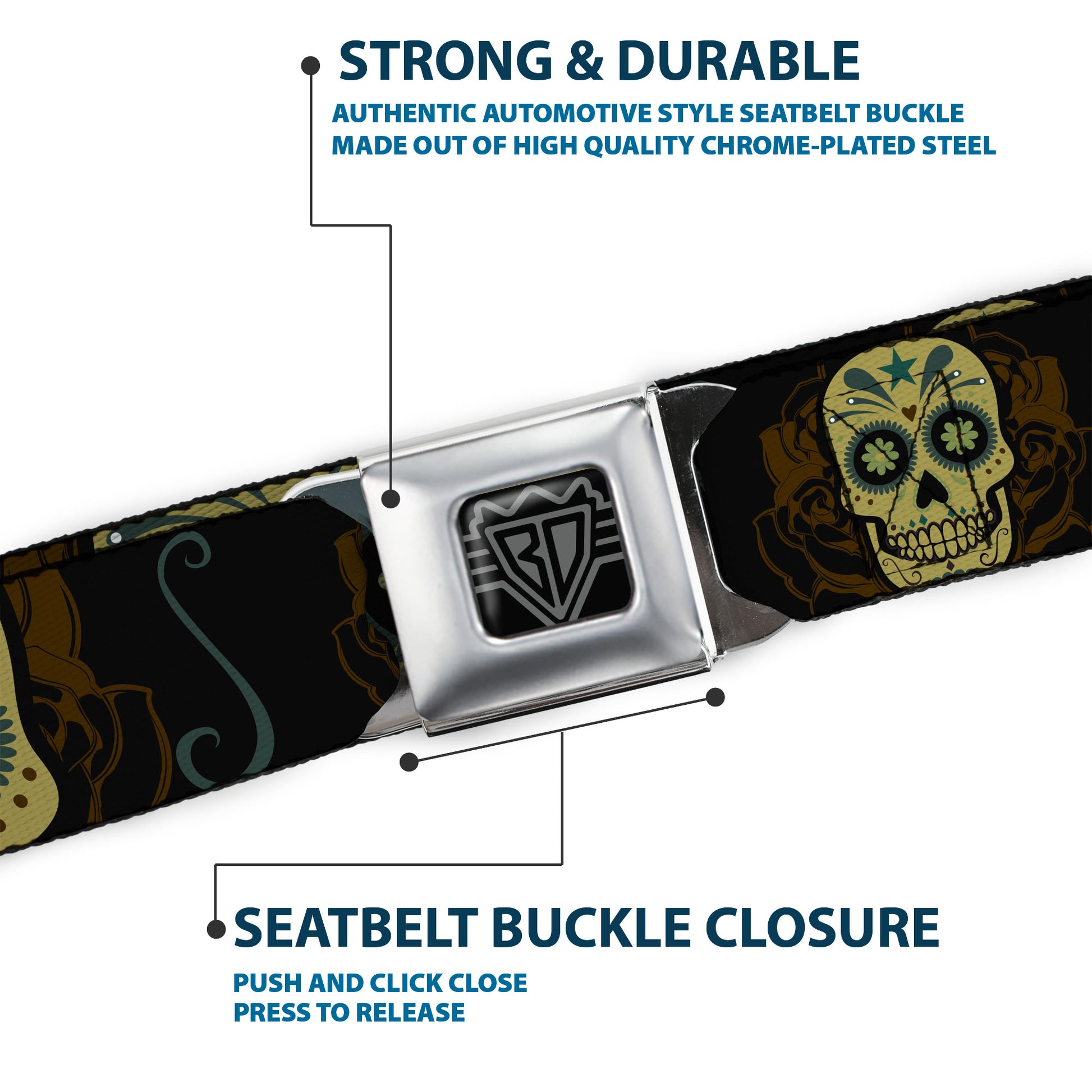 BD Wings Logo CLOSE-UP Full Color Black Silver Seatbelt Belt - Sugar Skulls Black/Olive/Burgundy Webbing Seatbelt Belts Buckle-Down