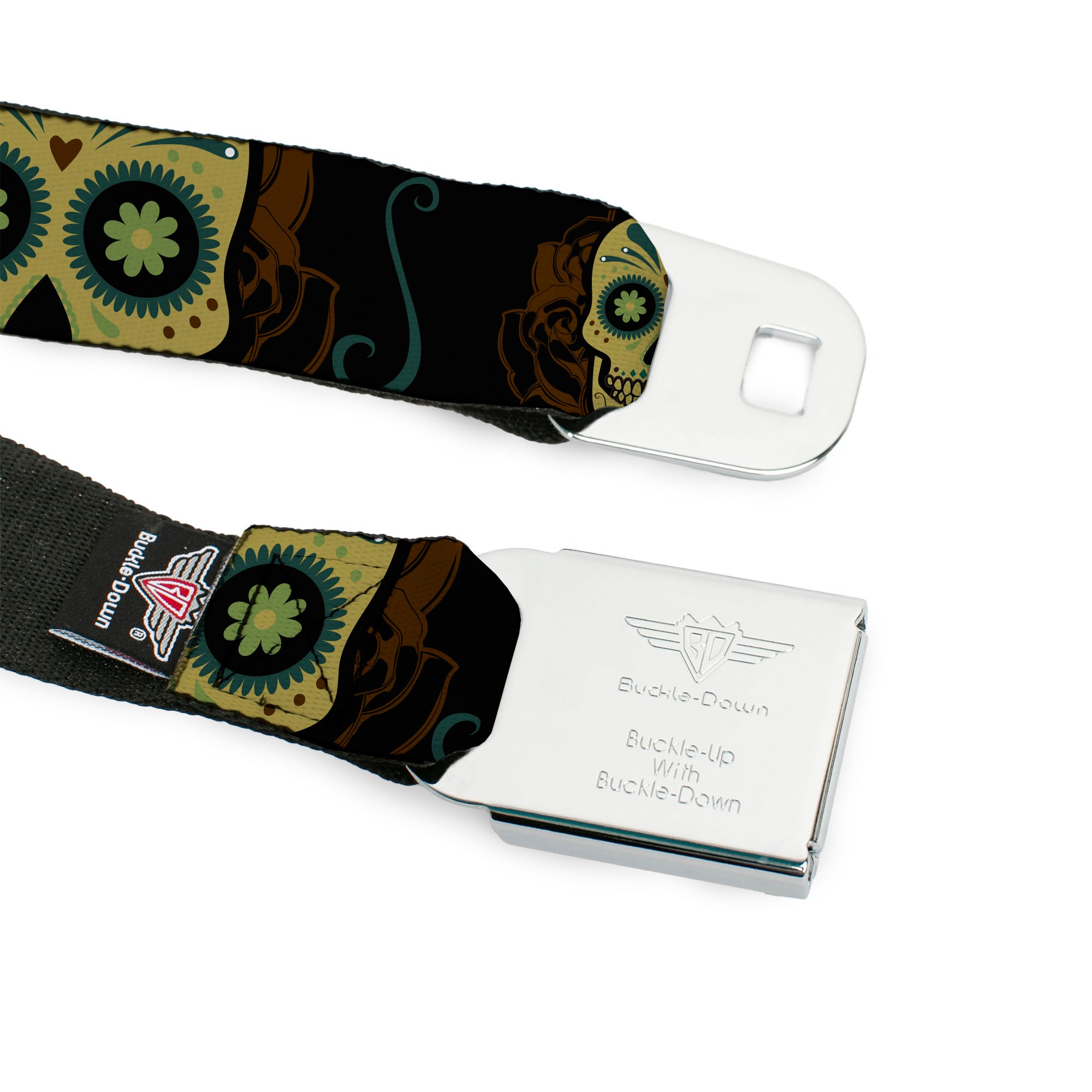 BD Wings Logo CLOSE-UP Full Color Black Silver Seatbelt Belt - Sugar Skulls Black/Olive/Burgundy Webbing Seatbelt Belts Buckle-Down