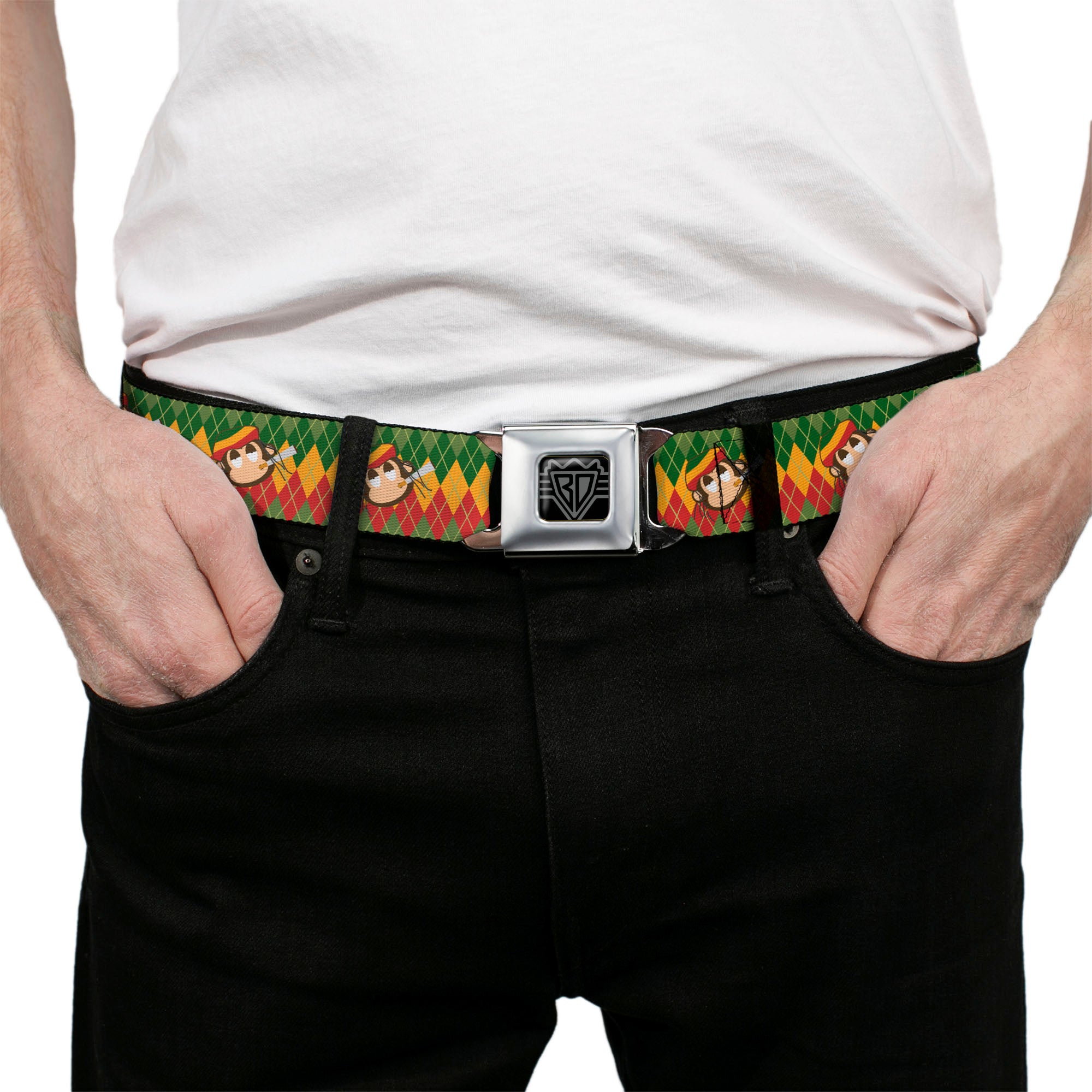 BD Wings Logo CLOSE-UP Full Color Black Silver Seatbelt Belt - Smoking Monkey Repeat Argyle Rasta Webbing Seatbelt Belts Buckle-Down