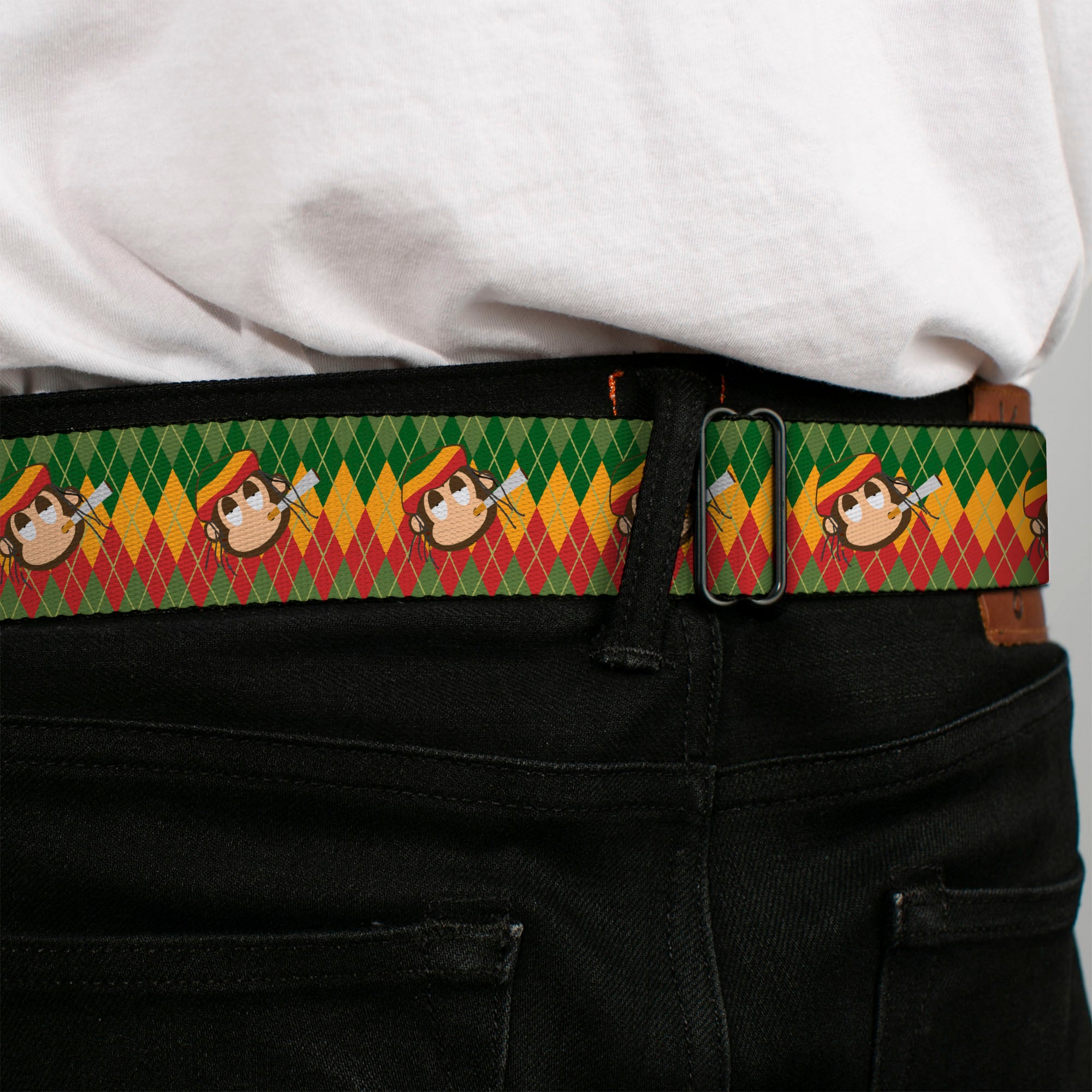 BD Wings Logo CLOSE-UP Full Color Black Silver Seatbelt Belt - Smoking Monkey Repeat Argyle Rasta Webbing Seatbelt Belts Buckle-Down