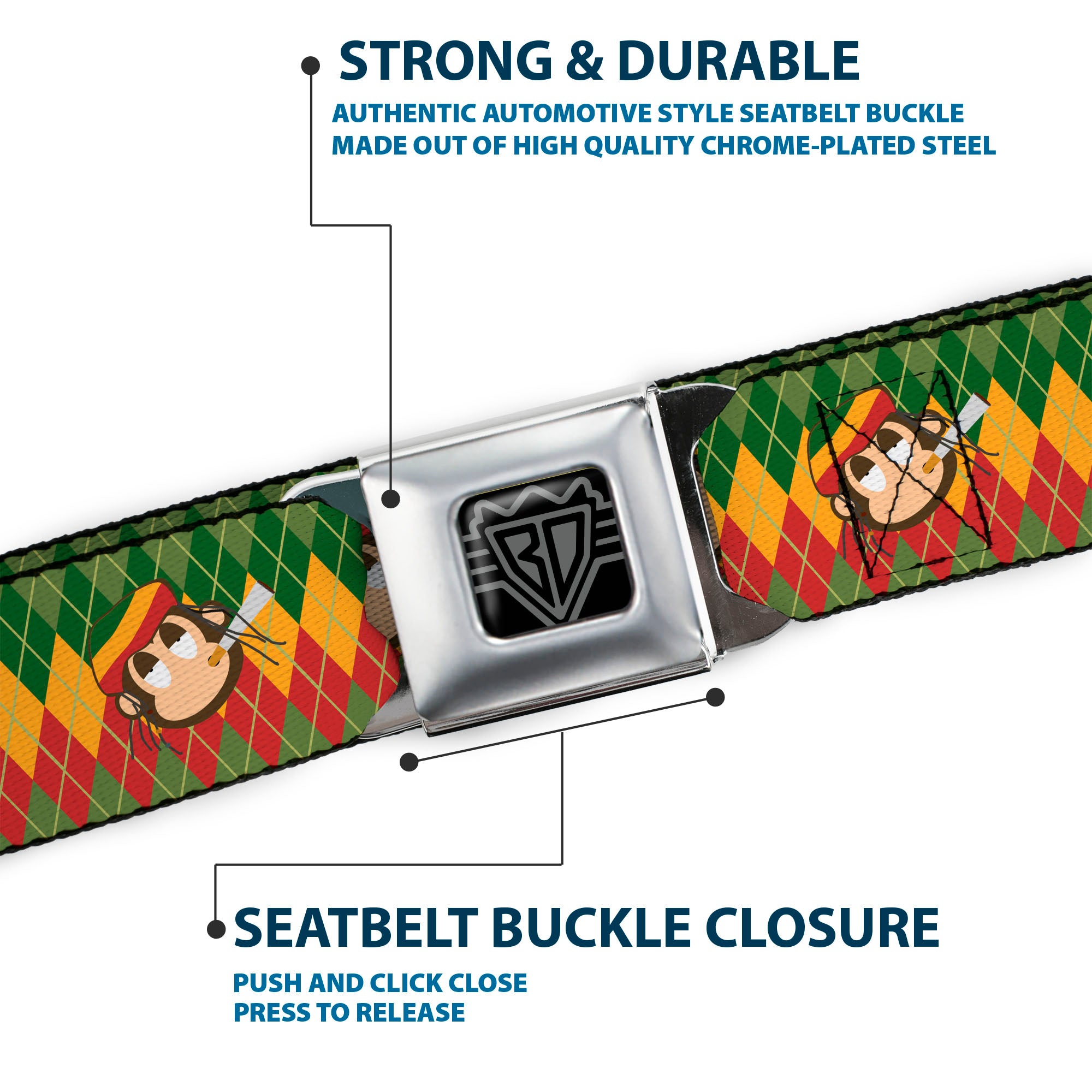 BD Wings Logo CLOSE-UP Full Color Black Silver Seatbelt Belt - Smoking Monkey Repeat Argyle Rasta Webbing Seatbelt Belts Buckle-Down