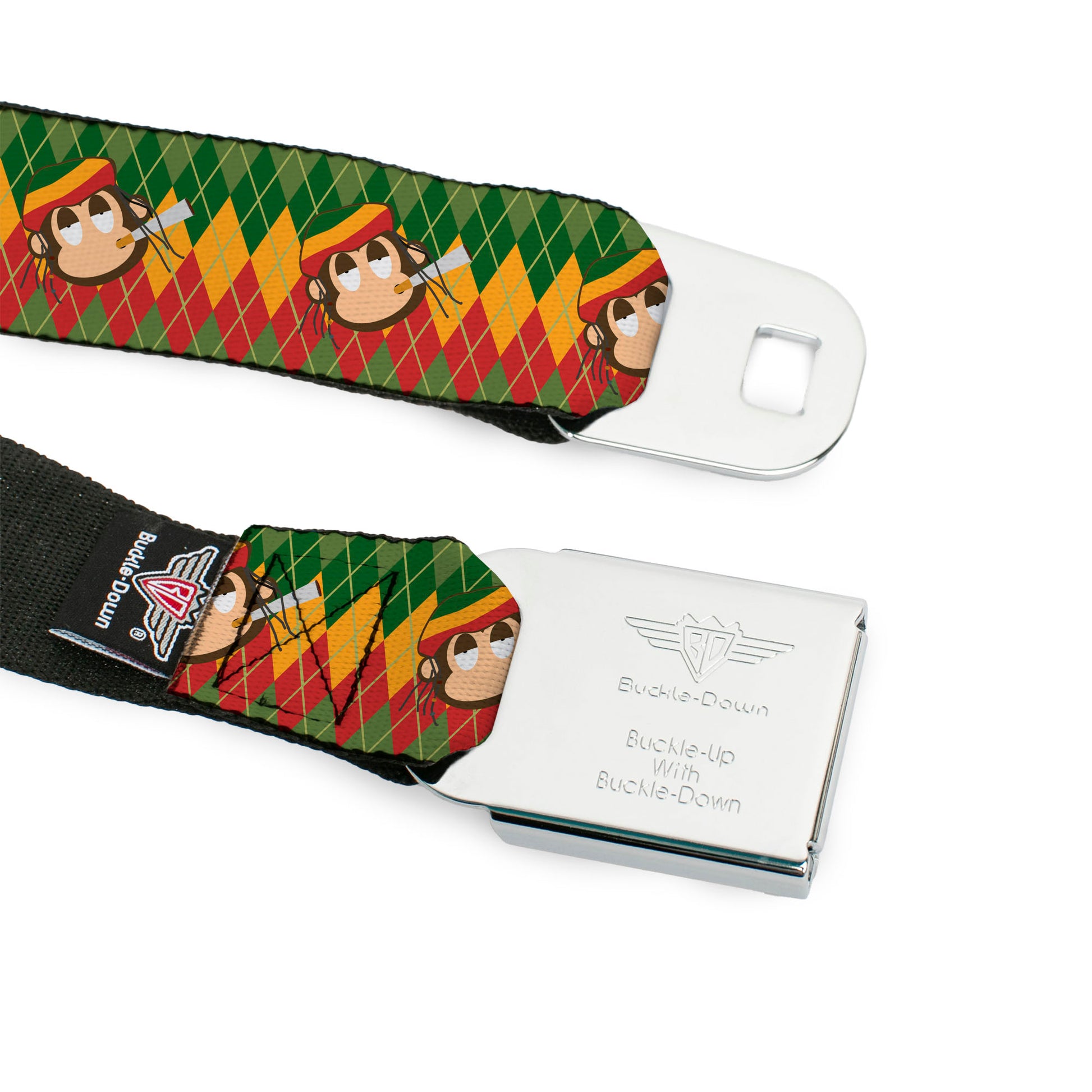 BD Wings Logo CLOSE-UP Full Color Black Silver Seatbelt Belt - Smoking Monkey Repeat Argyle Rasta Webbing Seatbelt Belts Buckle-Down