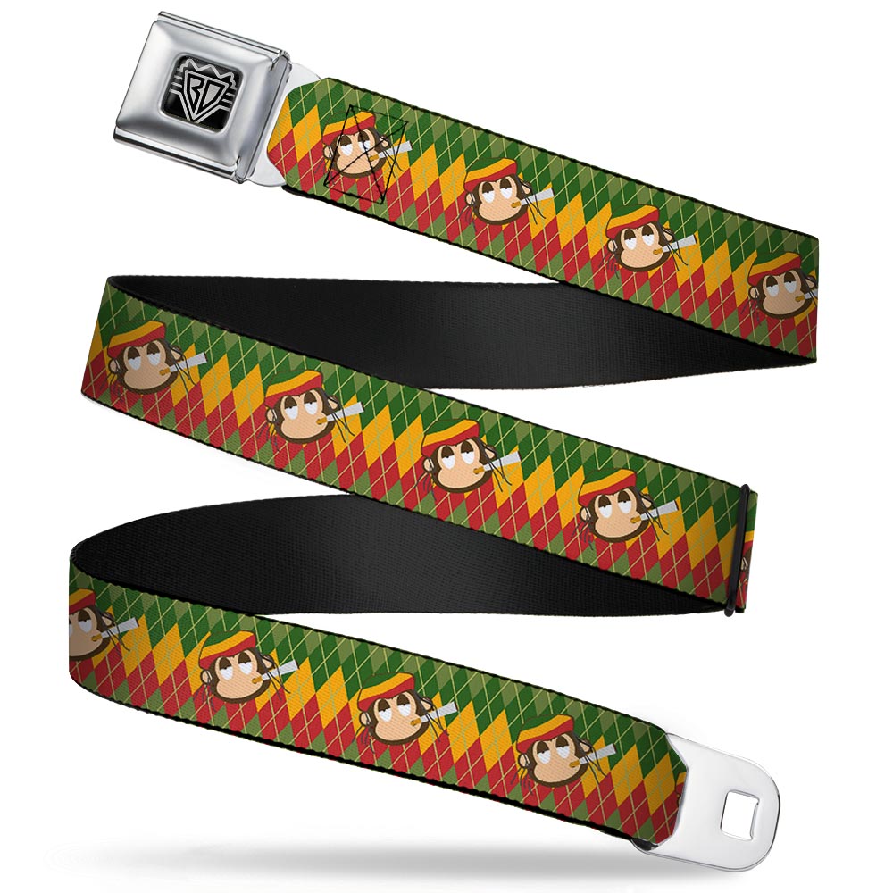 BD Wings Logo CLOSE-UP Full Color Black Silver Seatbelt Belt - Smoking Monkey Repeat Argyle Rasta Webbing Seatbelt Belts Buckle-Down