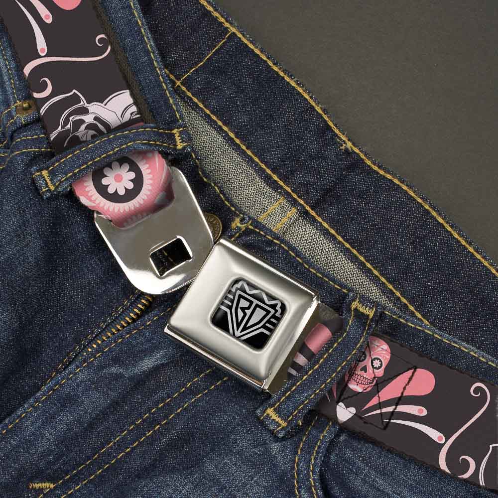 BD Wings Logo CLOSE-UP Full Color Black Silver Seatbelt Belt - Sugar Skulls Gray/Pink Webbing Seatbelt Belts Buckle-Down