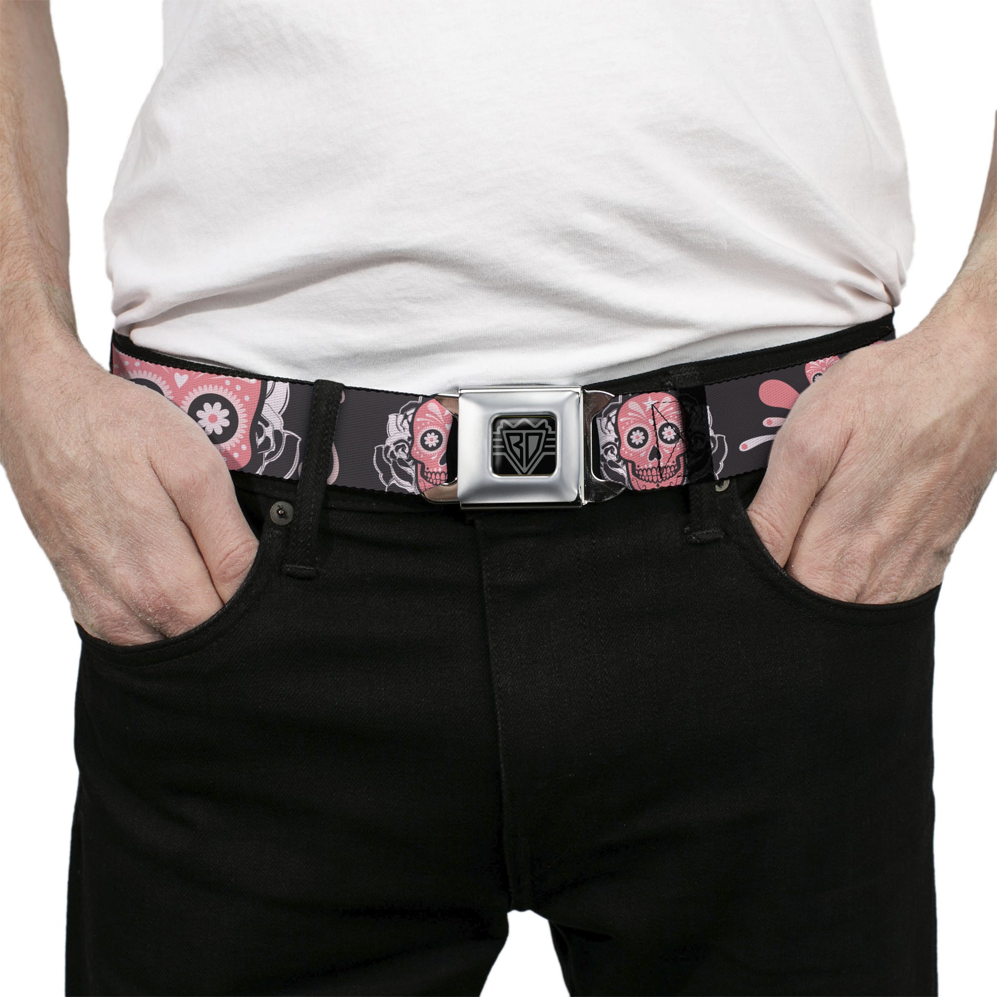 BD Wings Logo CLOSE-UP Full Color Black Silver Seatbelt Belt - Sugar Skulls Gray/Pink Webbing Seatbelt Belts Buckle-Down
