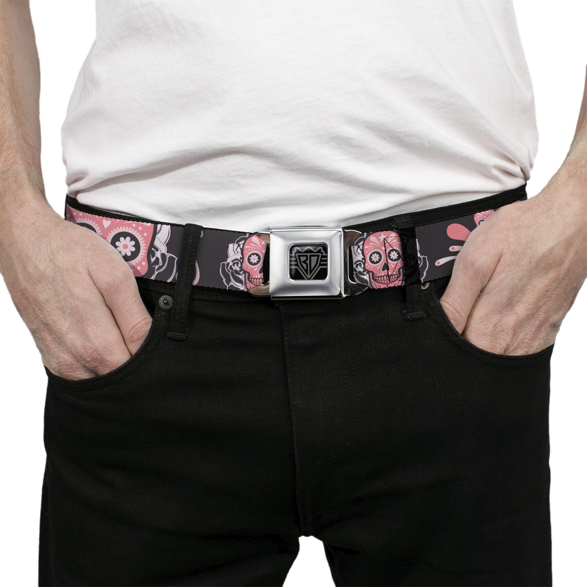 BD Wings Logo CLOSE-UP Full Color Black Silver Seatbelt Belt - Sugar Skulls Gray/Pink Webbing Seatbelt Belts Buckle-Down