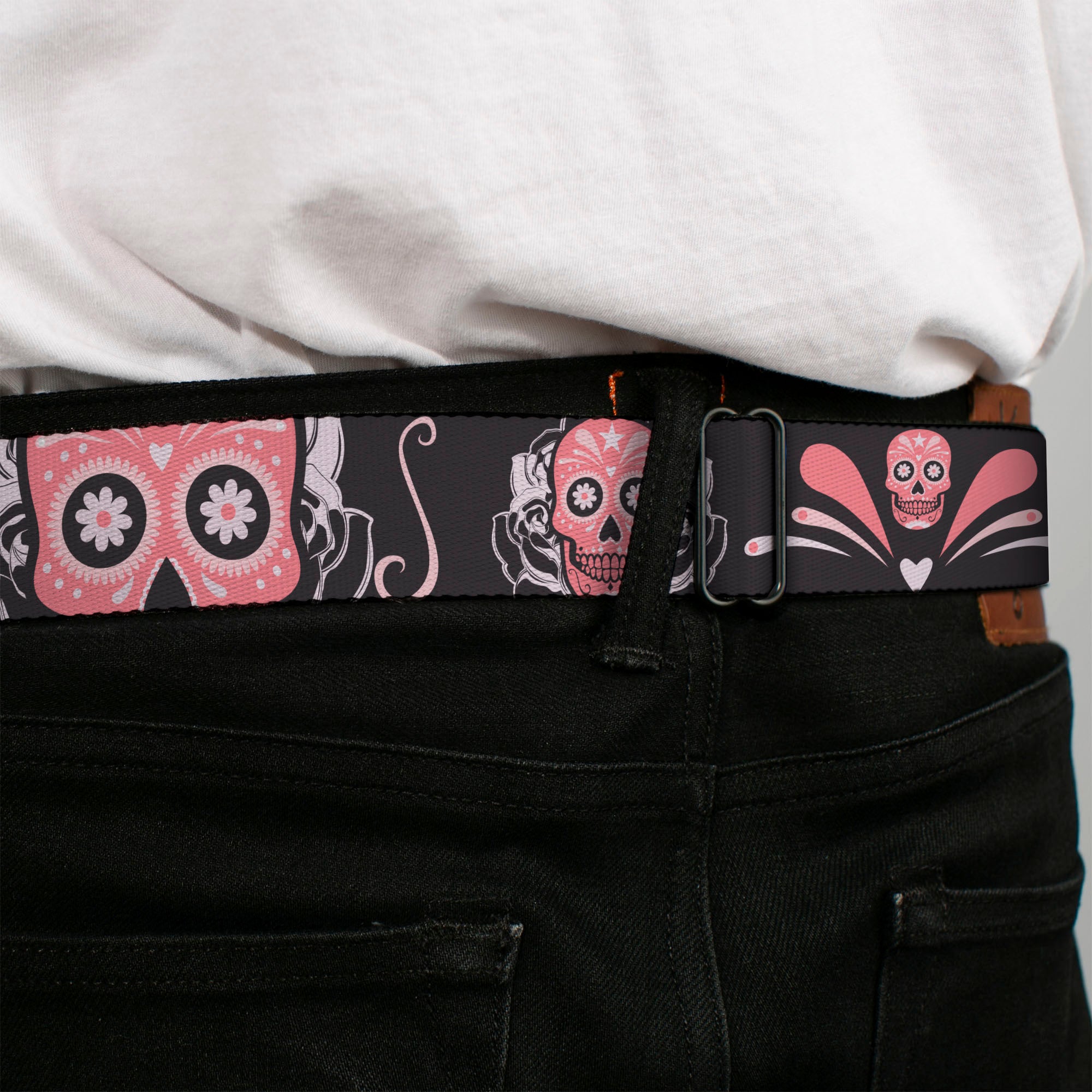 BD Wings Logo CLOSE-UP Full Color Black Silver Seatbelt Belt - Sugar Skulls Gray/Pink Webbing Seatbelt Belts Buckle-Down