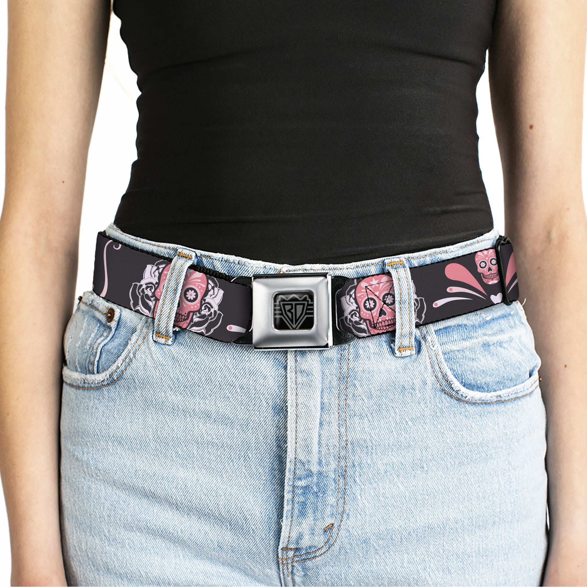 BD Wings Logo CLOSE-UP Full Color Black Silver Seatbelt Belt - Sugar Skulls Gray/Pink Webbing Seatbelt Belts Buckle-Down