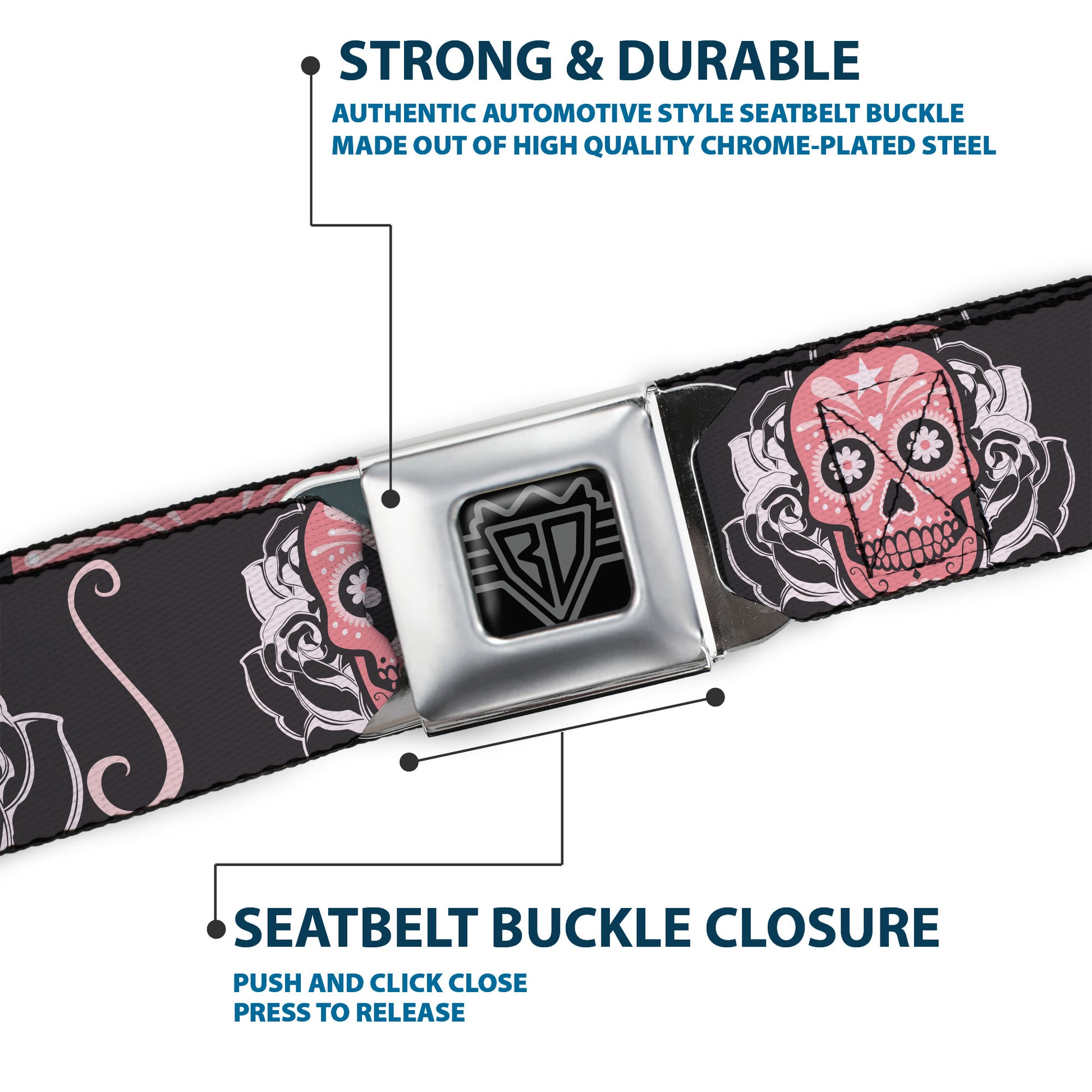 BD Wings Logo CLOSE-UP Full Color Black Silver Seatbelt Belt - Sugar Skulls Gray/Pink Webbing Seatbelt Belts Buckle-Down