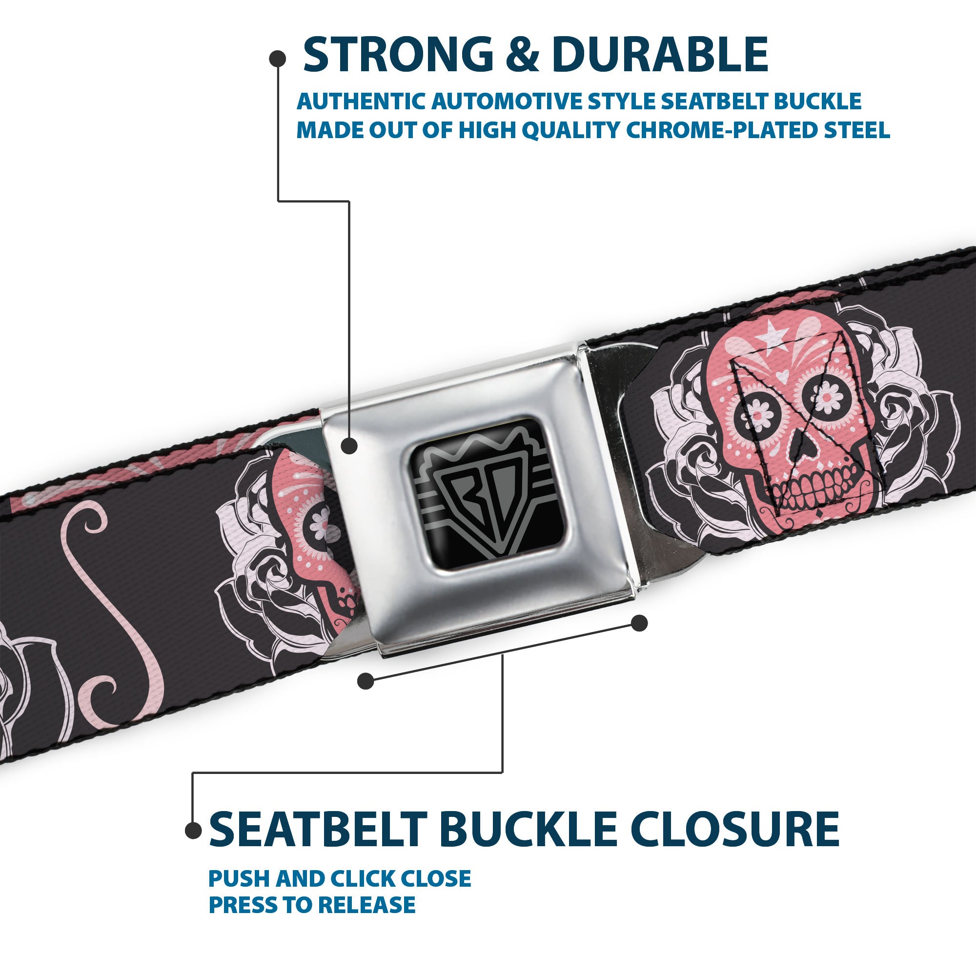 BD Wings Logo CLOSE-UP Full Color Black Silver Seatbelt Belt - Sugar Skulls Gray/Pink Webbing Seatbelt Belts Buckle-Down