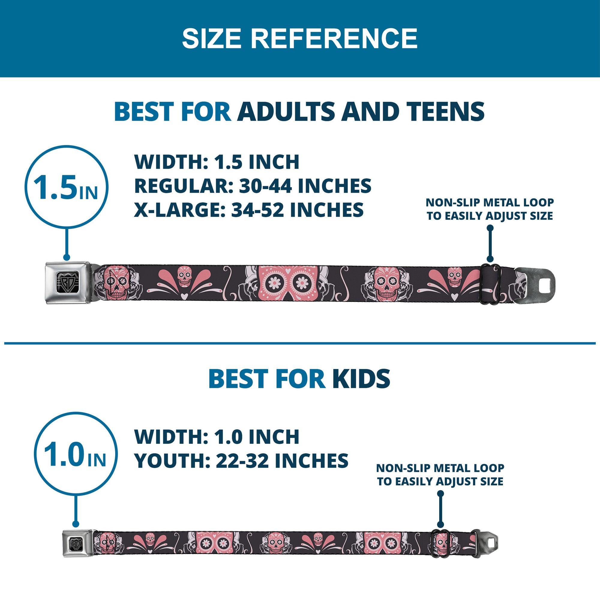 BD Wings Logo CLOSE-UP Full Color Black Silver Seatbelt Belt - Sugar Skulls Gray/Pink Webbing Seatbelt Belts Buckle-Down