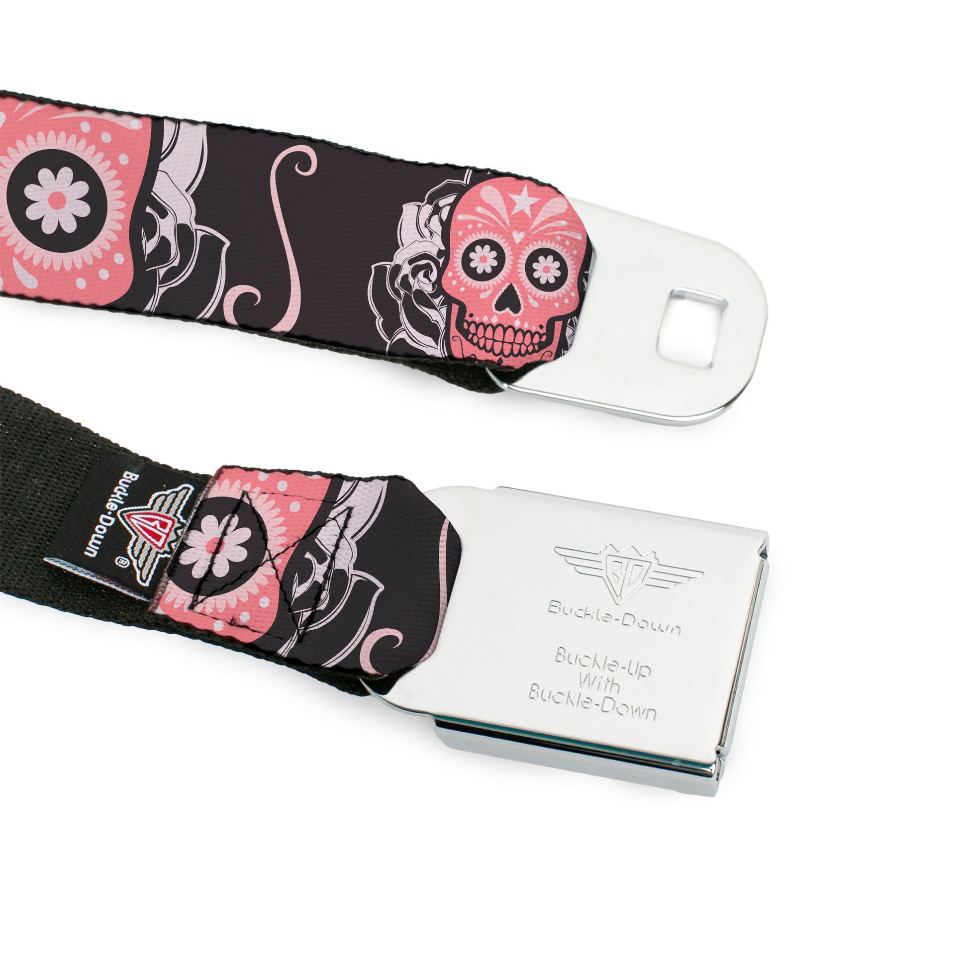 BD Wings Logo CLOSE-UP Full Color Black Silver Seatbelt Belt - Sugar Skulls Gray/Pink Webbing Seatbelt Belts Buckle-Down