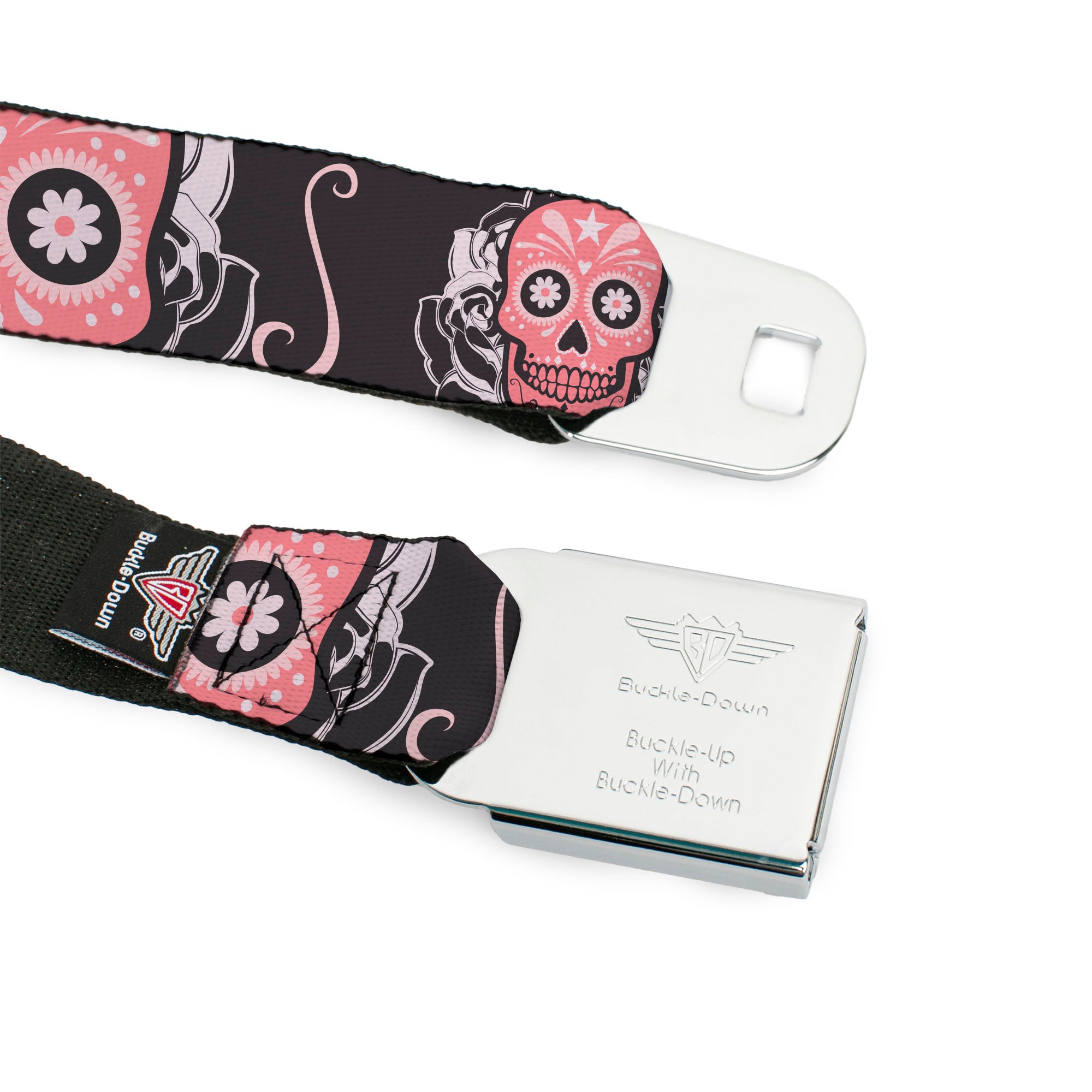 BD Wings Logo CLOSE-UP Full Color Black Silver Seatbelt Belt - Sugar Skulls Gray/Pink Webbing Seatbelt Belts Buckle-Down