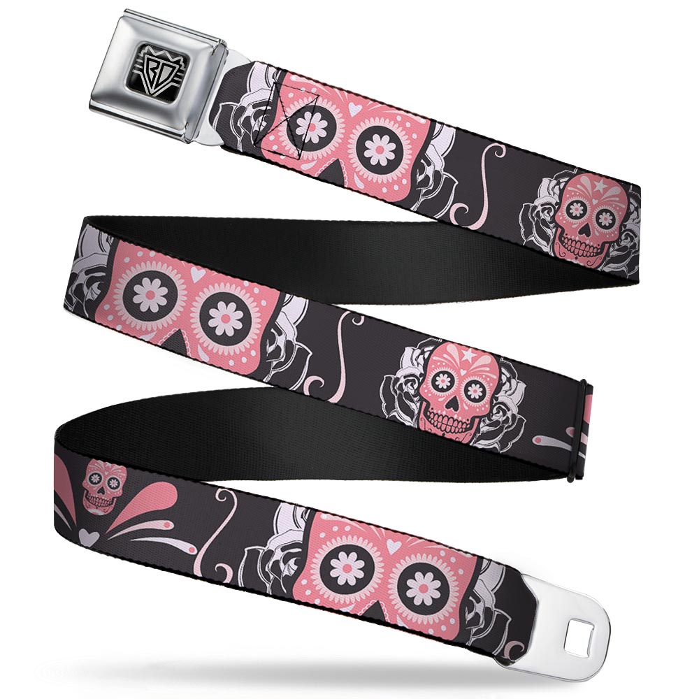 BD Wings Logo CLOSE-UP Full Color Black Silver Seatbelt Belt - Sugar Skulls Gray/Pink Webbing Seatbelt Belts Buckle-Down