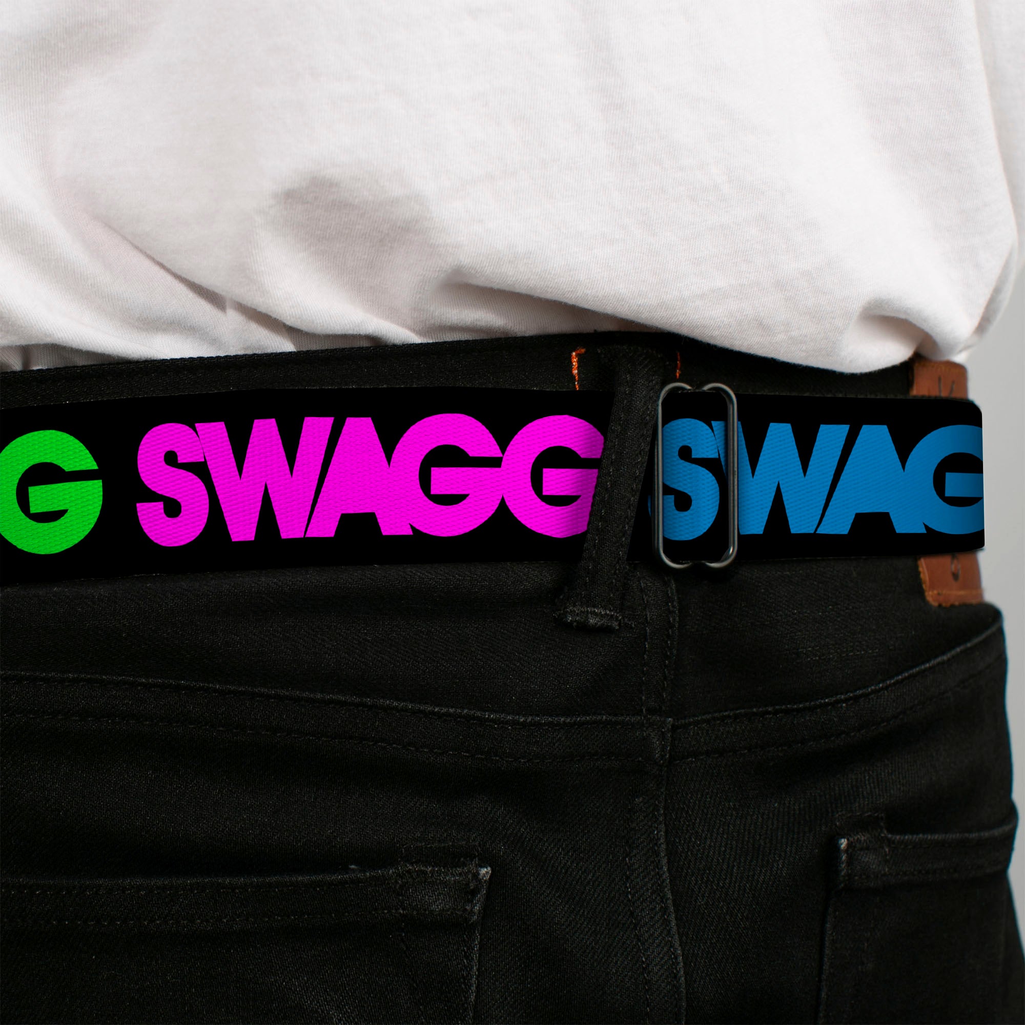 BD Wings Logo CLOSE-UP Full Color Black Silver Seatbelt Belt - SWAGG Black/Hot Pink/Turquoise/Purple/Neon Green Webbing Seatbelt Belts Buckle-Down