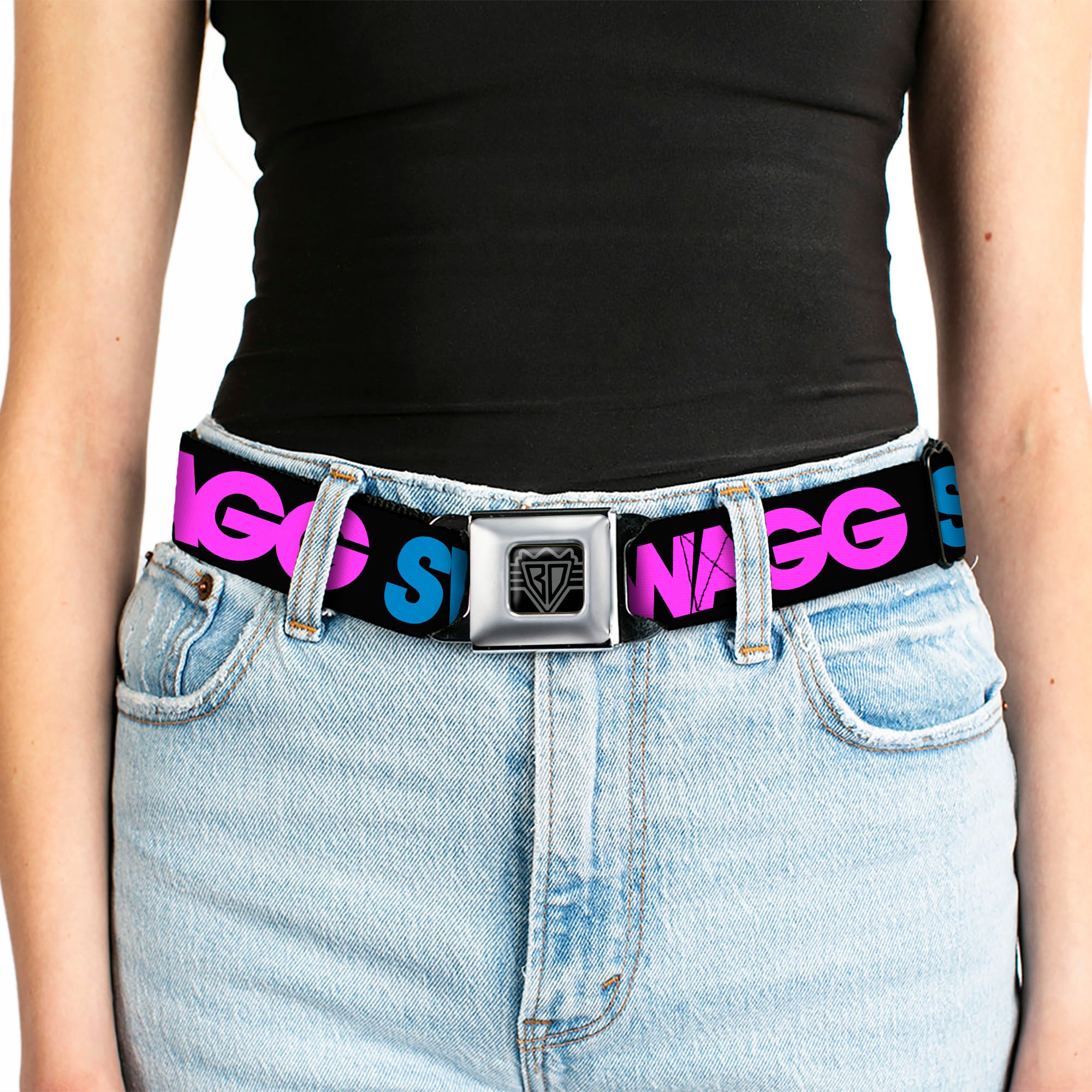 BD Wings Logo CLOSE-UP Full Color Black Silver Seatbelt Belt - SWAGG Black/Hot Pink/Turquoise/Purple/Neon Green Webbing Seatbelt Belts Buckle-Down