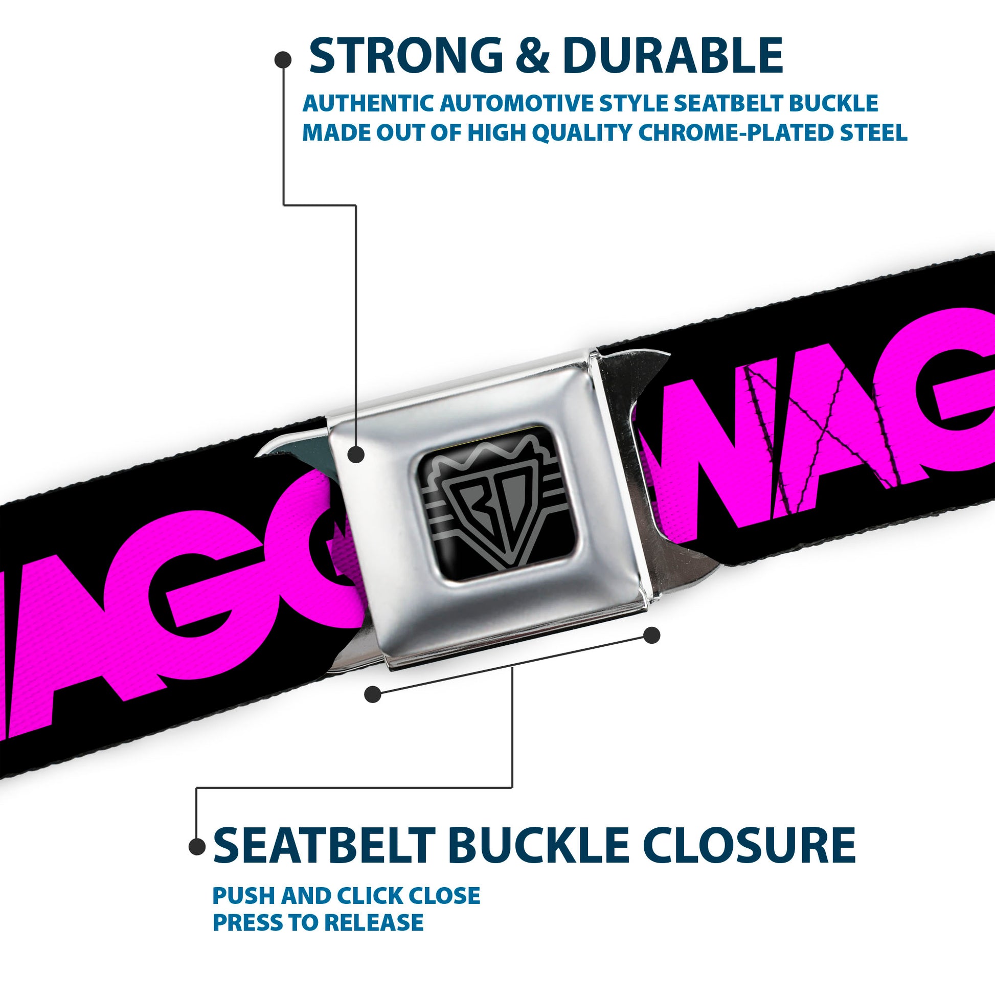 BD Wings Logo CLOSE-UP Full Color Black Silver Seatbelt Belt - SWAGG Black/Hot Pink/Turquoise/Purple/Neon Green Webbing Seatbelt Belts Buckle-Down