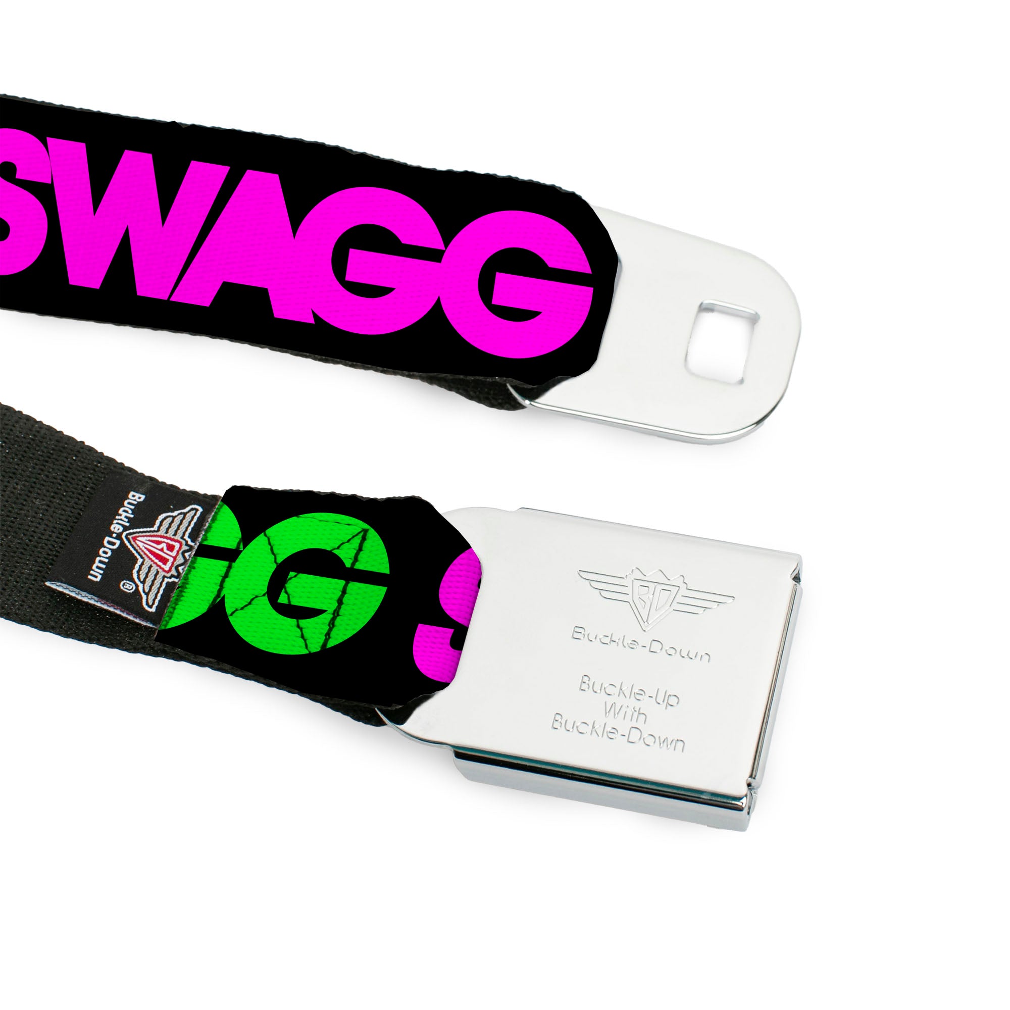 BD Wings Logo CLOSE-UP Full Color Black Silver Seatbelt Belt - SWAGG Black/Hot Pink/Turquoise/Purple/Neon Green Webbing Seatbelt Belts Buckle-Down