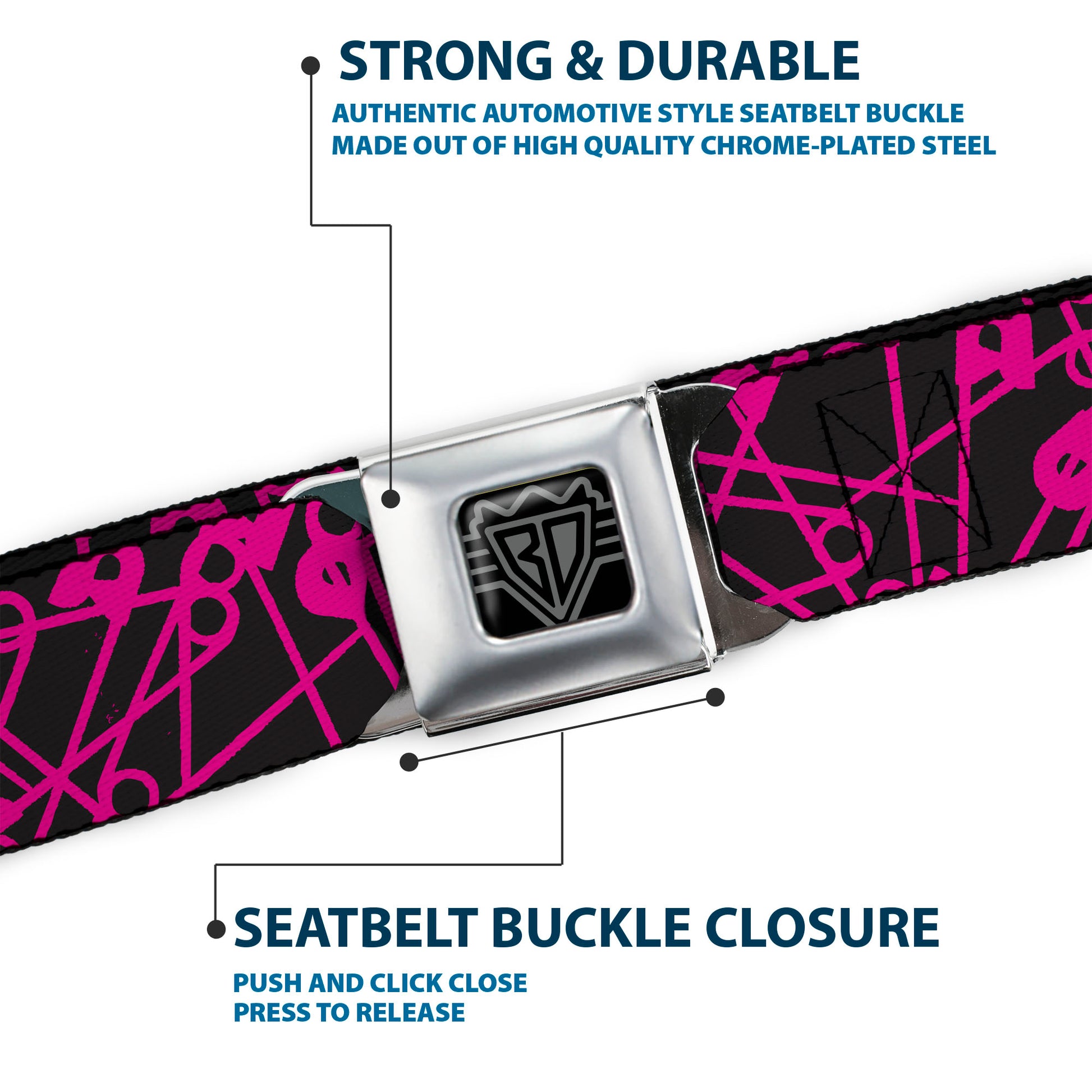BD Wings Logo CLOSE-UP Full Color Black Silver Seatbelt Belt - Safety Pins Black/Fuchsia Webbing Seatbelt Belts Buckle-Down