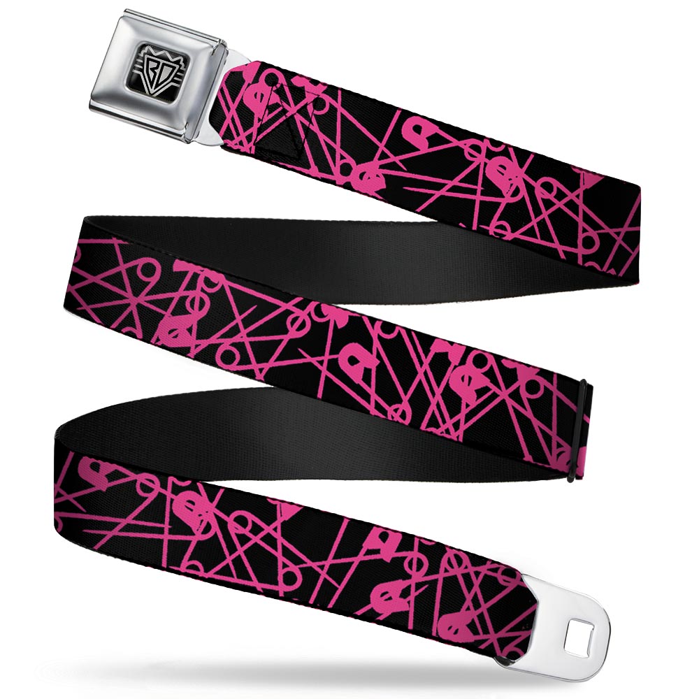 BD Wings Logo CLOSE-UP Full Color Black Silver Seatbelt Belt - Safety Pins Black/Fuchsia Webbing Seatbelt Belts Buckle-Down