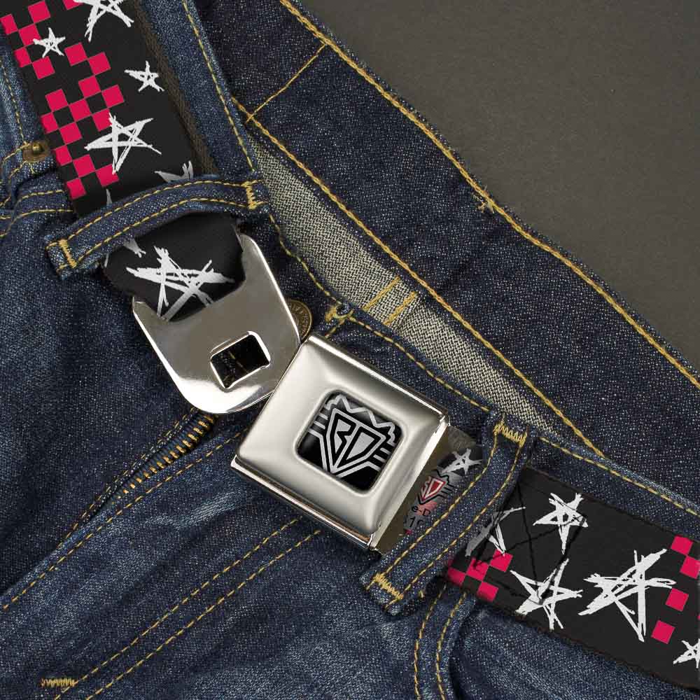 BD Wings Logo CLOSE-UP Full Color Black Silver Seatbelt Belt - Sketch Stars w/Checkers Black/Fuchsia/White Webbing Seatbelt Belts Buckle-Down