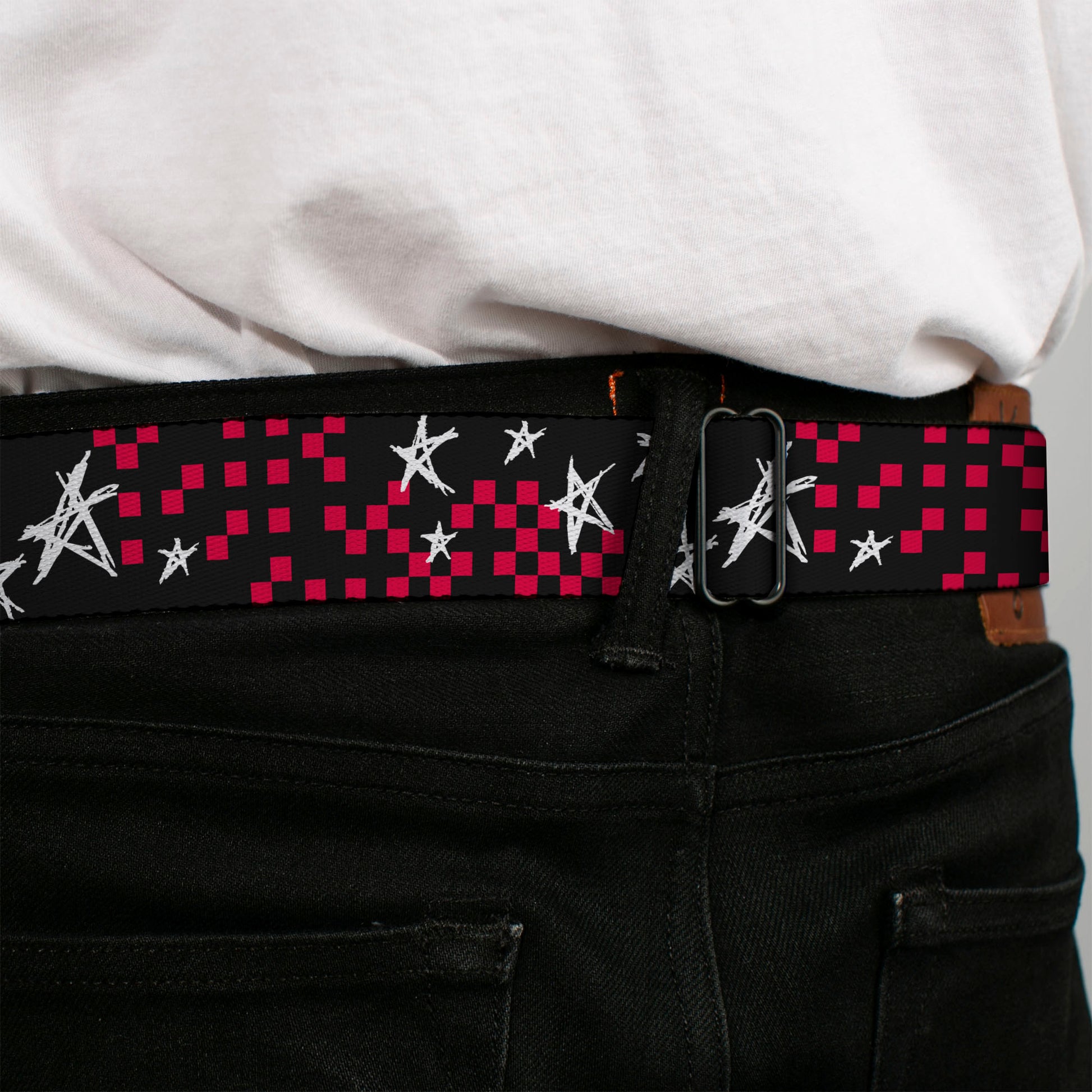 BD Wings Logo CLOSE-UP Full Color Black Silver Seatbelt Belt - Sketch Stars w/Checkers Black/Fuchsia/White Webbing Seatbelt Belts Buckle-Down