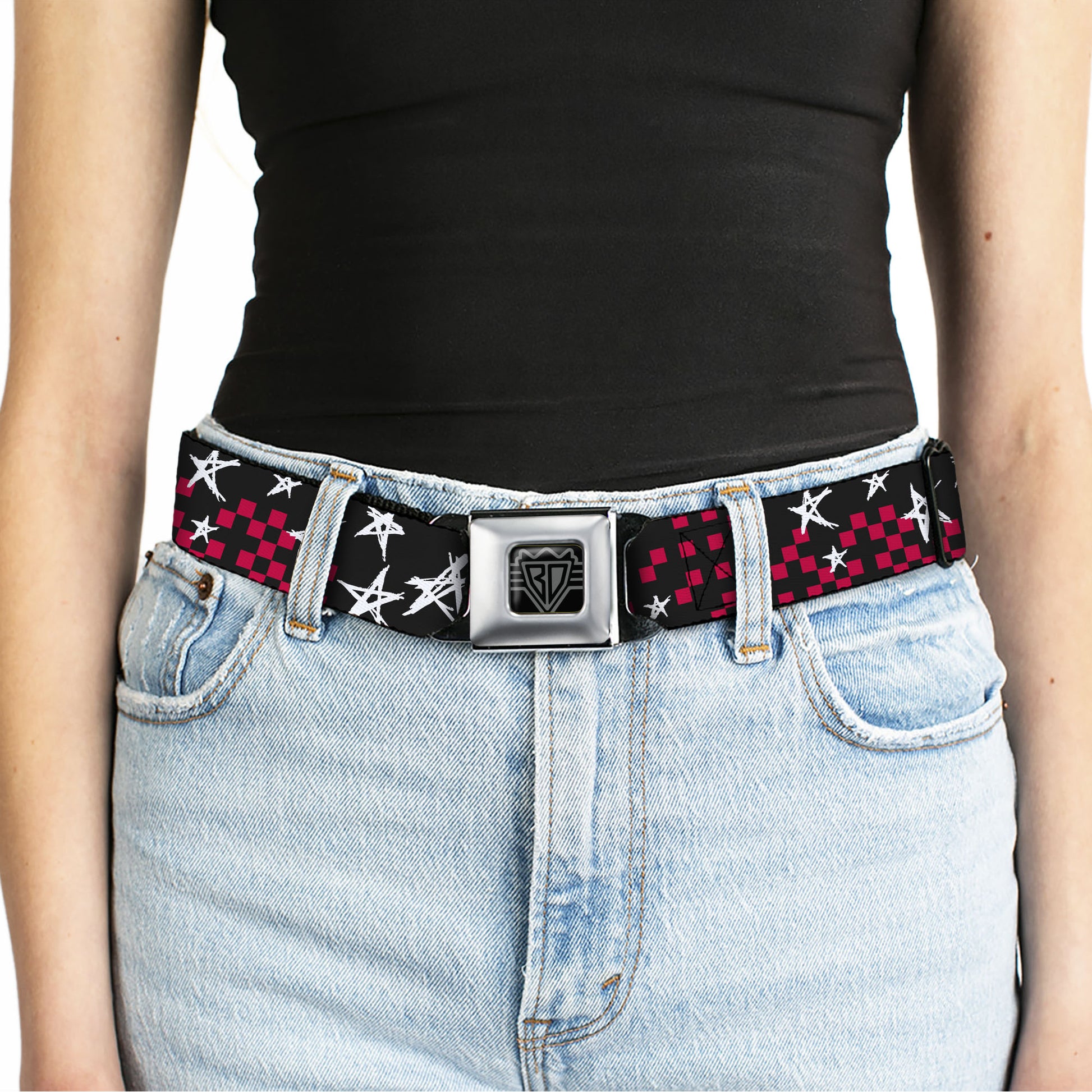 BD Wings Logo CLOSE-UP Full Color Black Silver Seatbelt Belt - Sketch Stars w/Checkers Black/Fuchsia/White Webbing Seatbelt Belts Buckle-Down