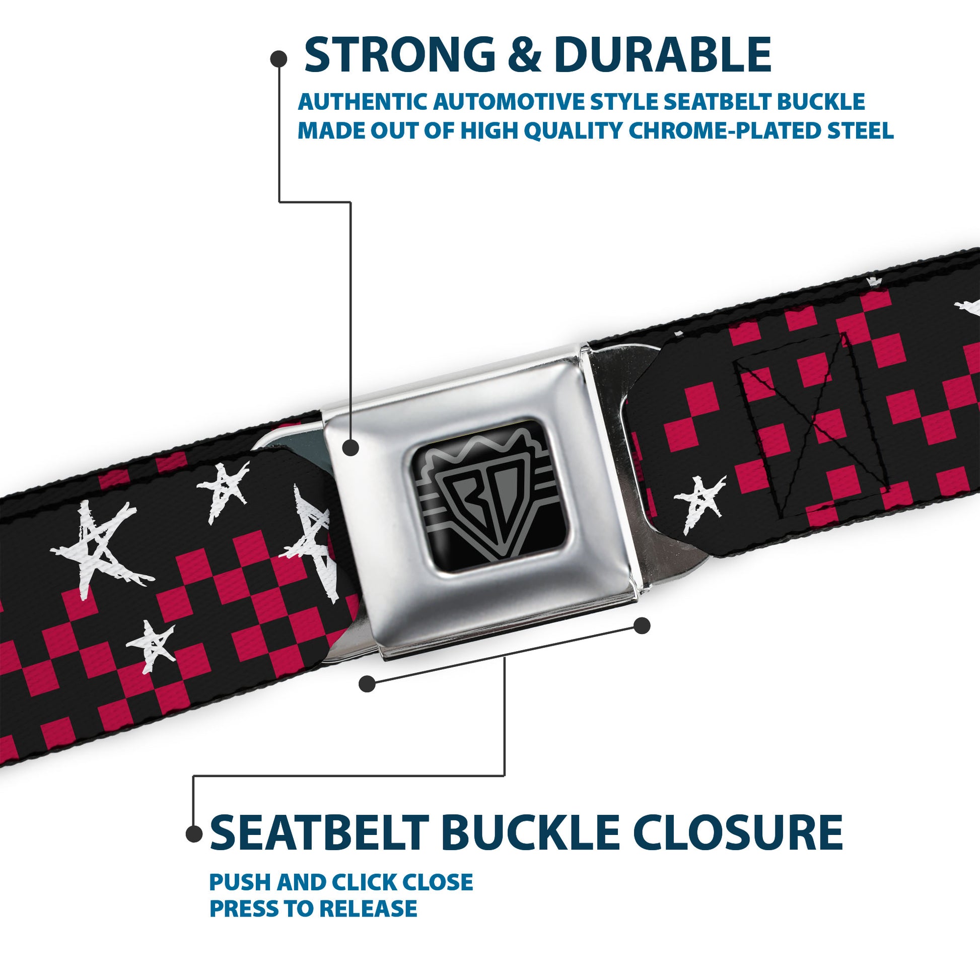 BD Wings Logo CLOSE-UP Full Color Black Silver Seatbelt Belt - Sketch Stars w/Checkers Black/Fuchsia/White Webbing Seatbelt Belts Buckle-Down