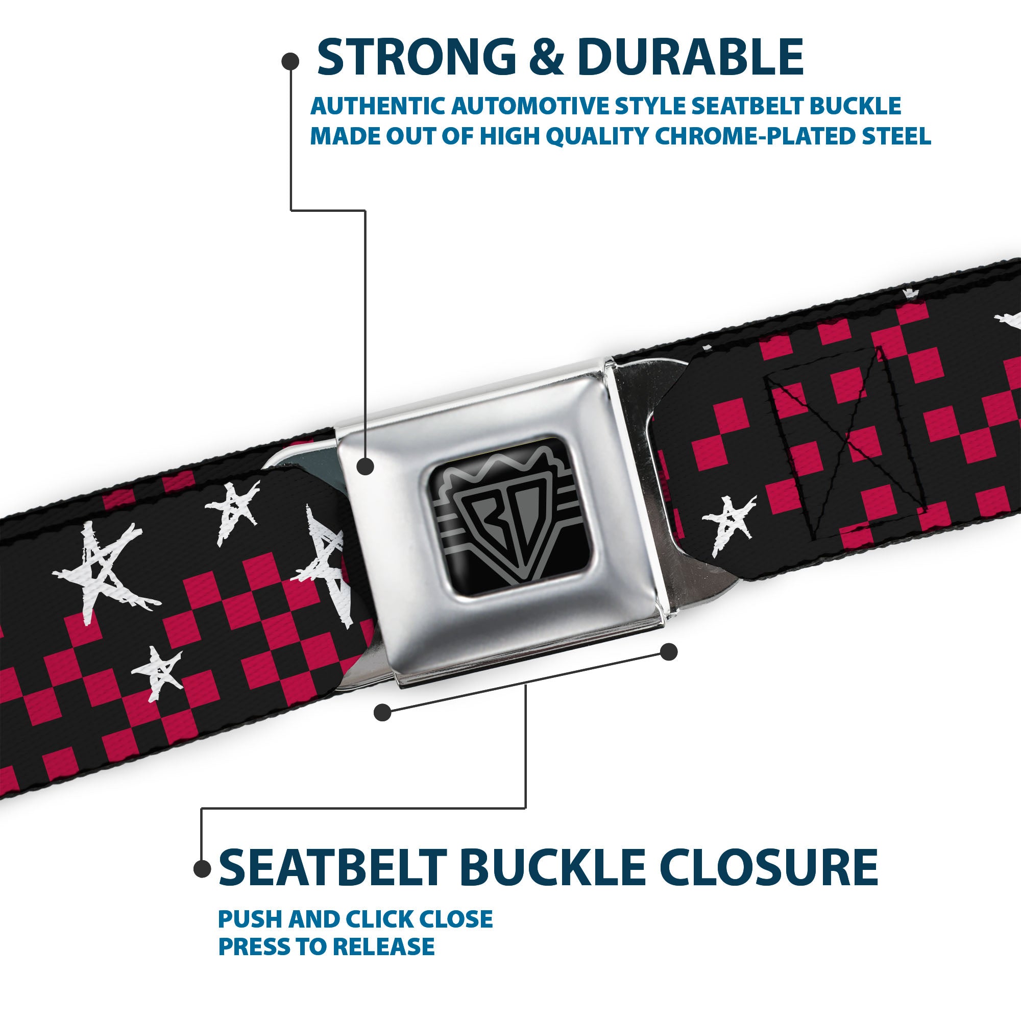 BD Wings Logo CLOSE-UP Full Color Black Silver Seatbelt Belt - Sketch Stars w/Checkers Black/Fuchsia/White Webbing Seatbelt Belts Buckle-Down
