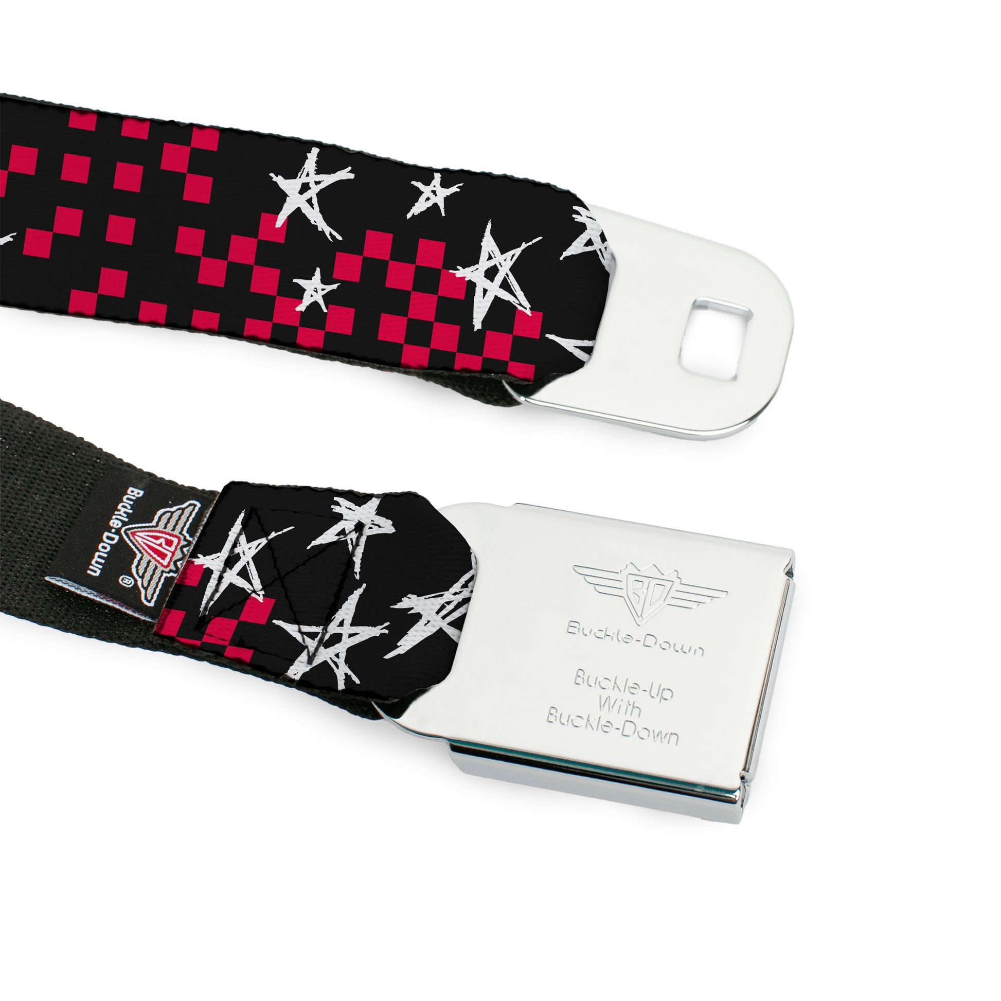BD Wings Logo CLOSE-UP Full Color Black Silver Seatbelt Belt - Sketch Stars w/Checkers Black/Fuchsia/White Webbing Seatbelt Belts Buckle-Down