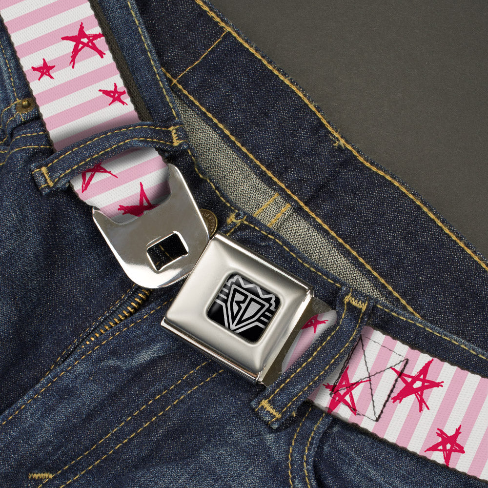 BD Wings Logo CLOSE-UP Full Color Black Silver Seatbelt Belt - Sketch Stars w/Stripes Pink/White/Fuchsia Webbing Seatbelt Belts Buckle-Down