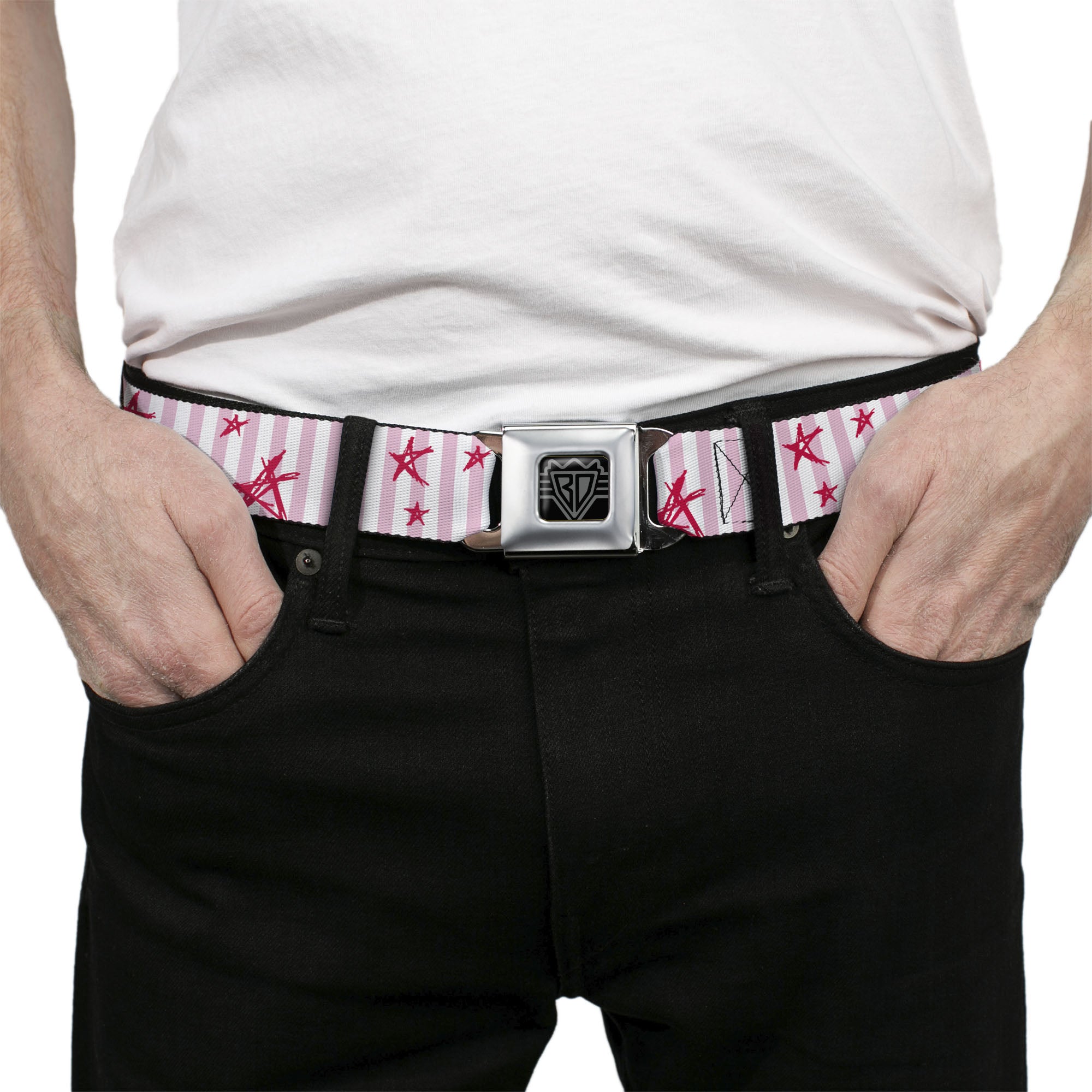 BD Wings Logo CLOSE-UP Full Color Black Silver Seatbelt Belt - Sketch Stars w/Stripes Pink/White/Fuchsia Webbing Seatbelt Belts Buckle-Down